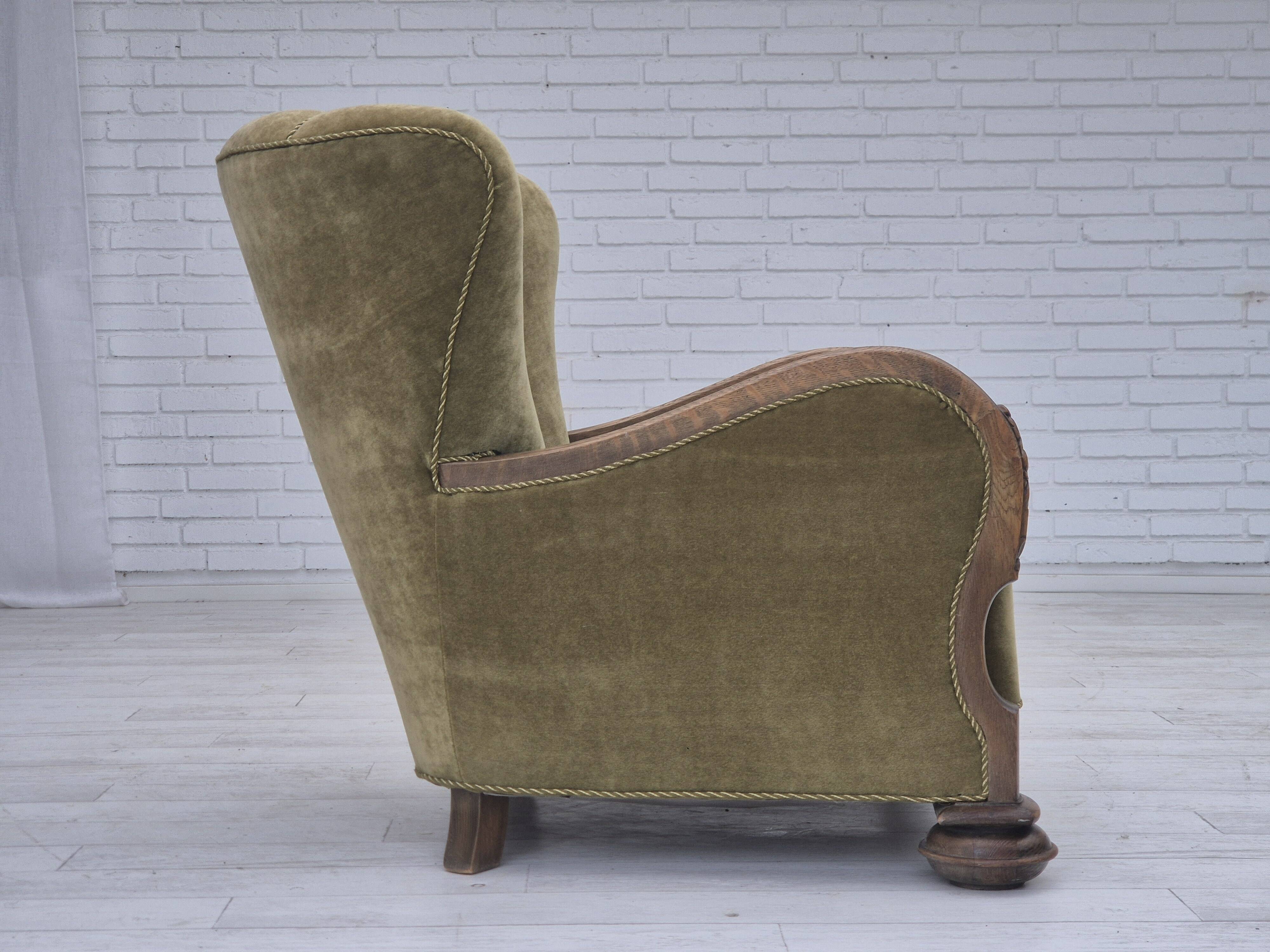1960s, Danish relax armchair, green furniture velour fabric, oak wood.