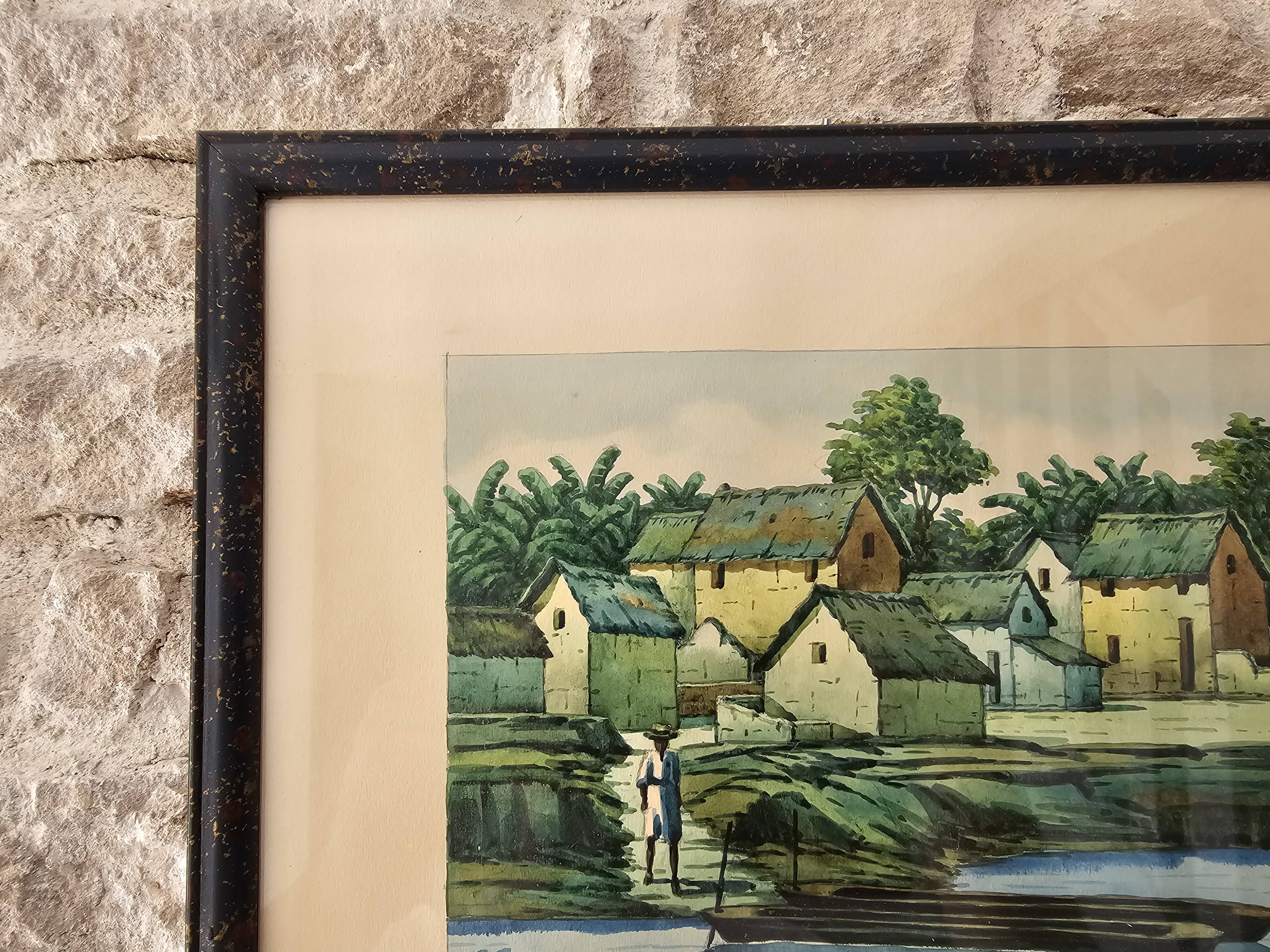 Watercolour painting on paper Madagascar Malagasy Village Signed R Rakoto