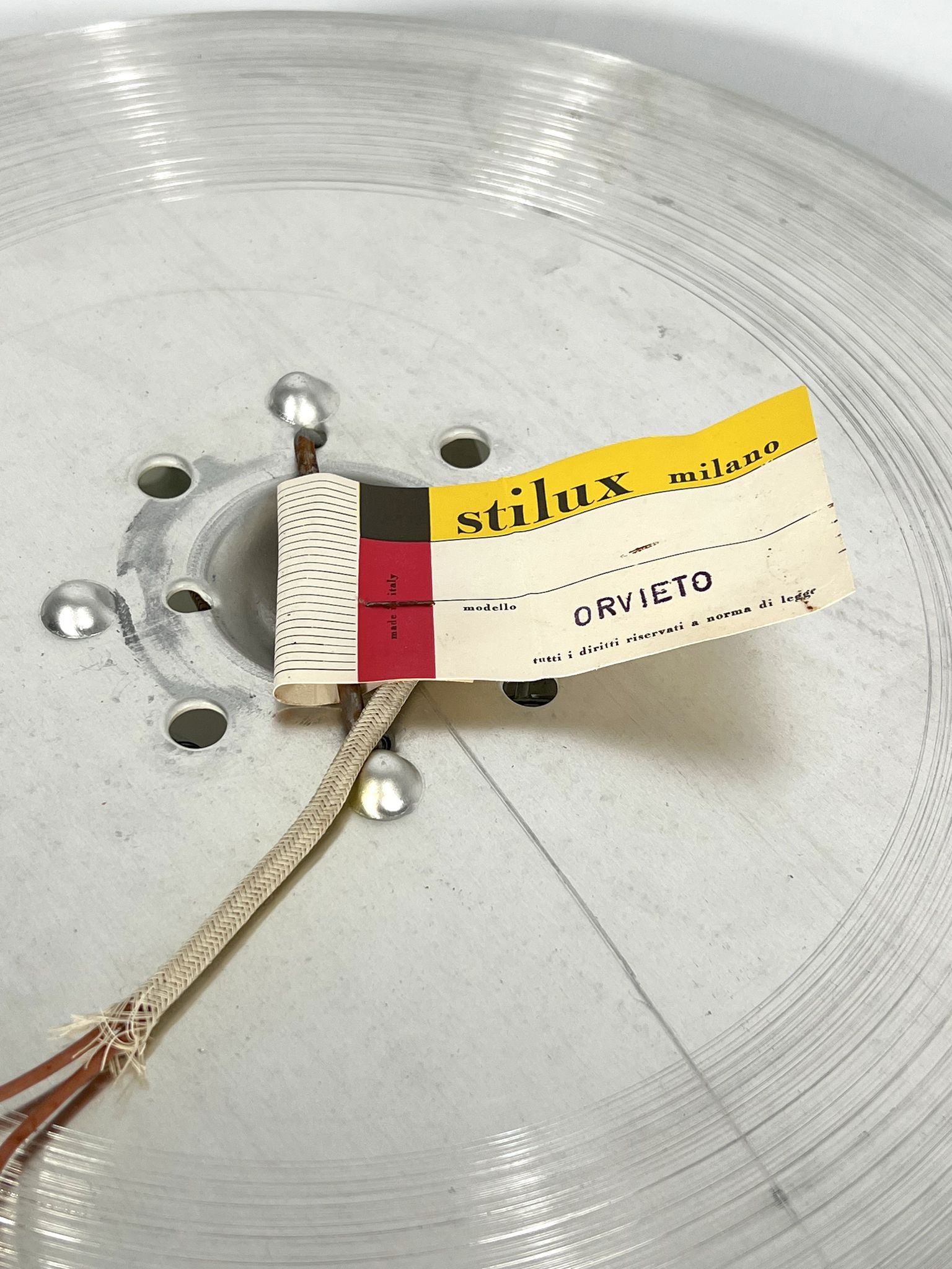 Stilux Milano, pair of round opaline glass ceiling lamps. 1960s