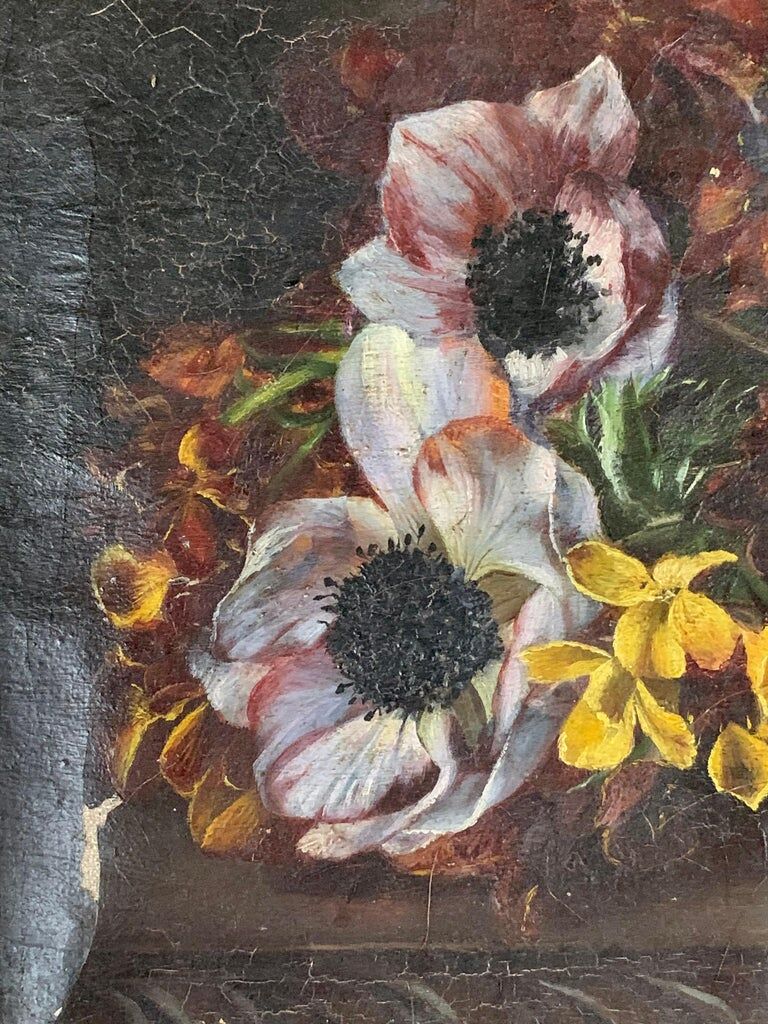 "Still Life with Flowers" Oil on canvas hand painted French School 19th century