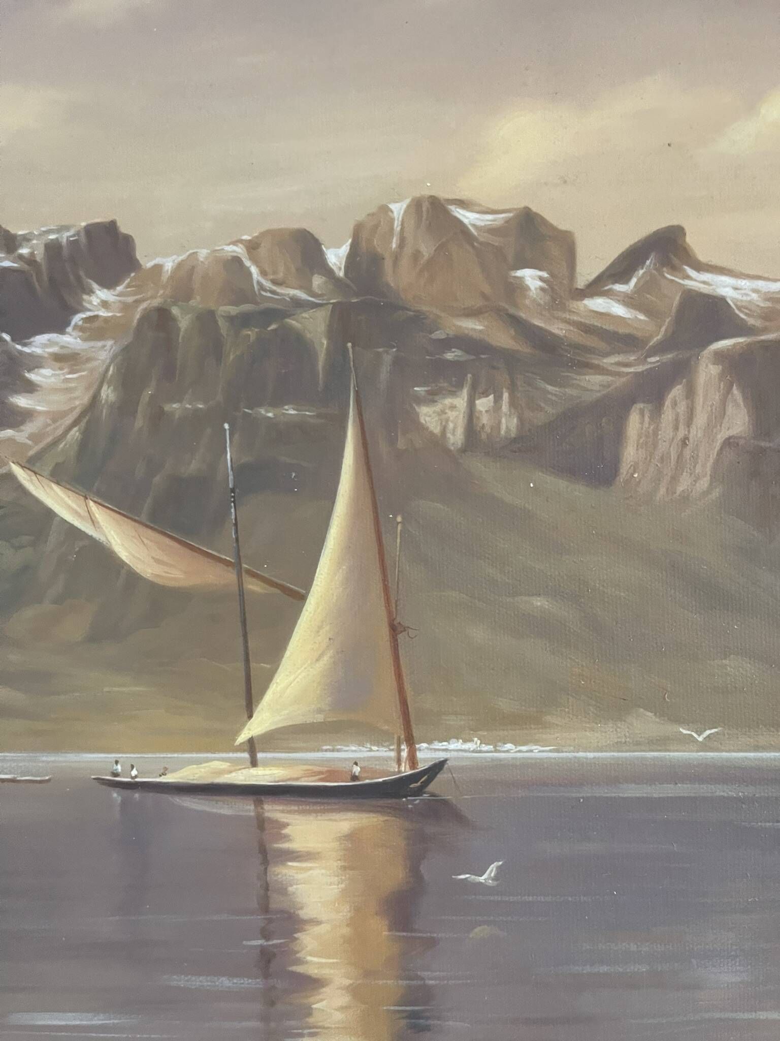 Oil Painting Canvas Landscape Mountain Lake Switzerland Signed Veillon