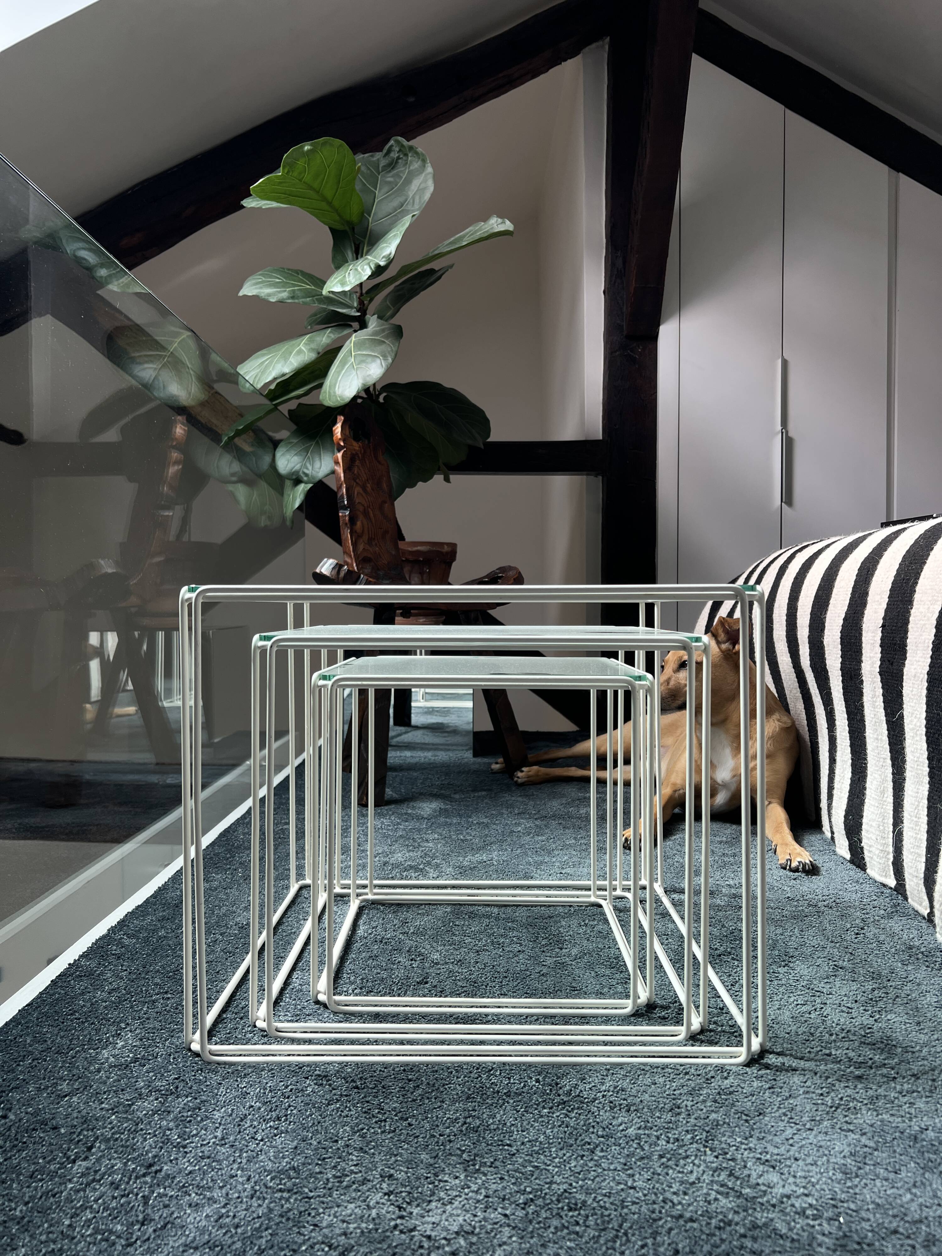 3 nesting tables by Max Sauze for Isocèle – 1970s – white metal & glass