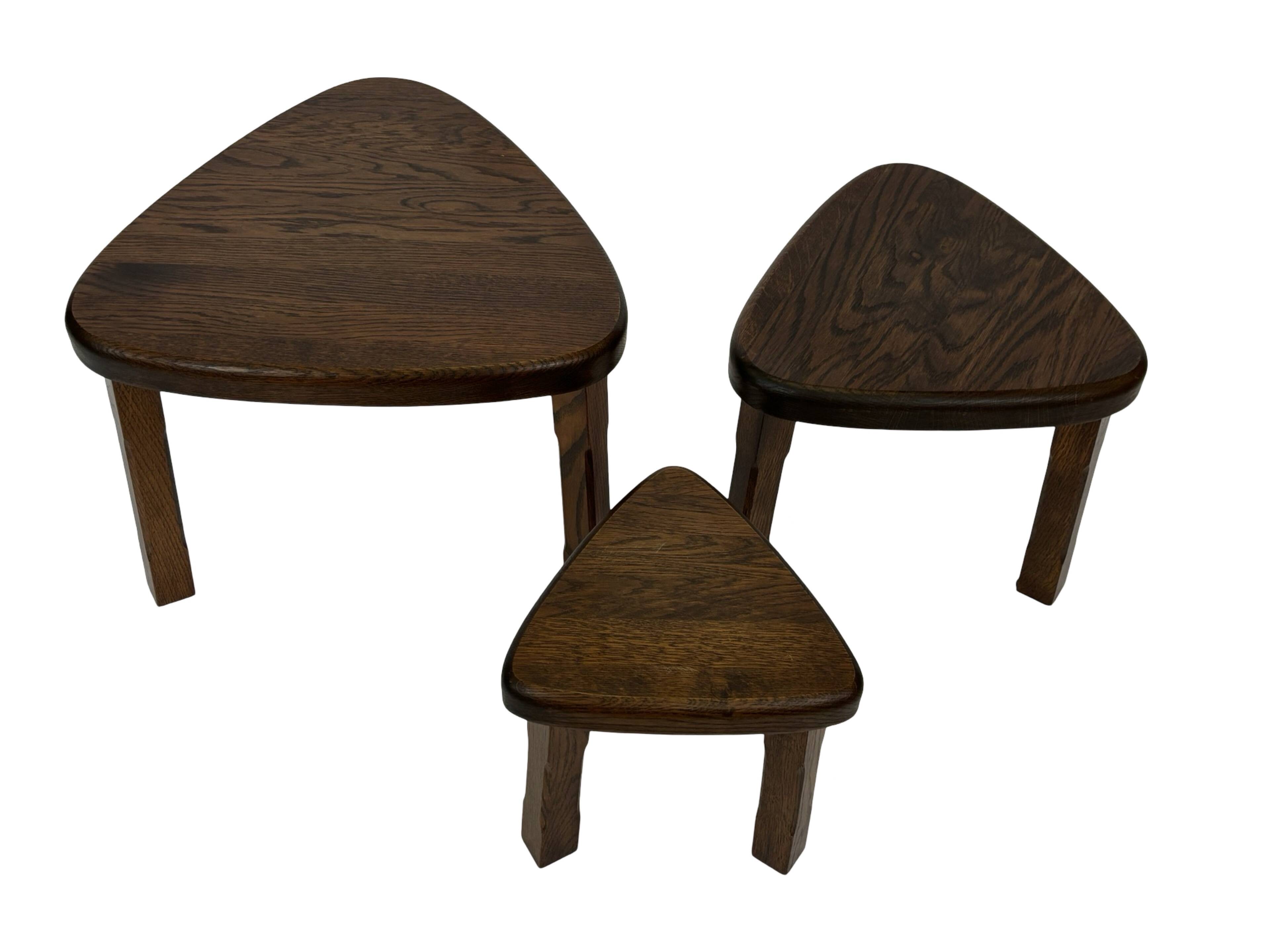 Set of 3 brutalist oak oval side or nesting tables minimalist design 1970s