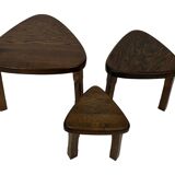 Lot de 3 tables d'appoint ou gigognes ovales brutalistes en chêne au design minimaliste des années 1970