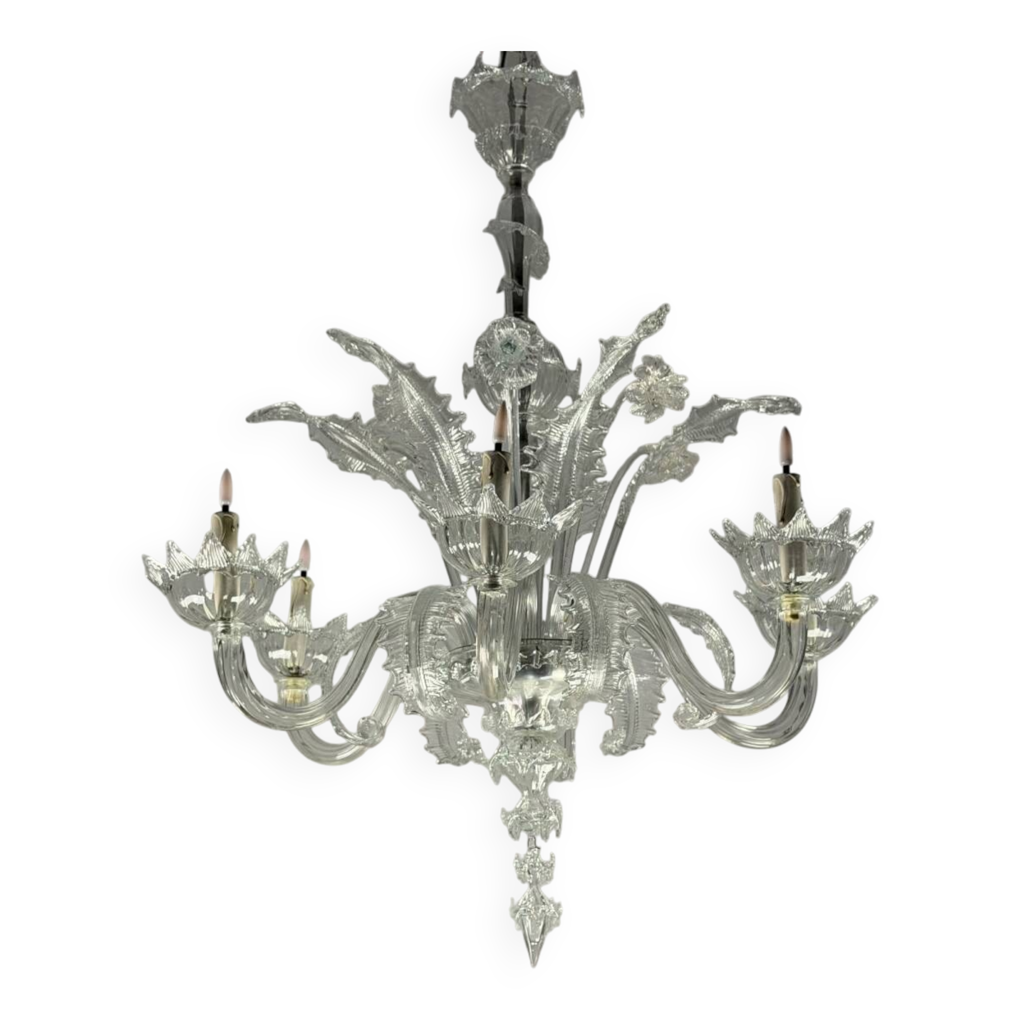 Venetian chandelier in colorless Murano glass with 6 light arms, circa 1930