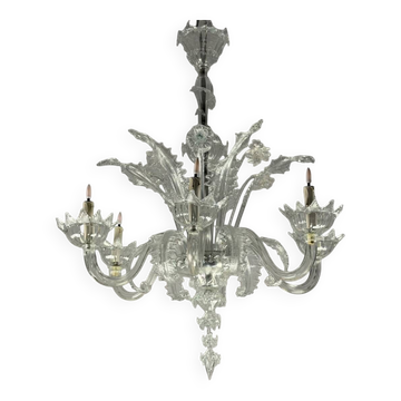 Venetian chandelier in colorless Murano glass with 6 light arms, circa 1930