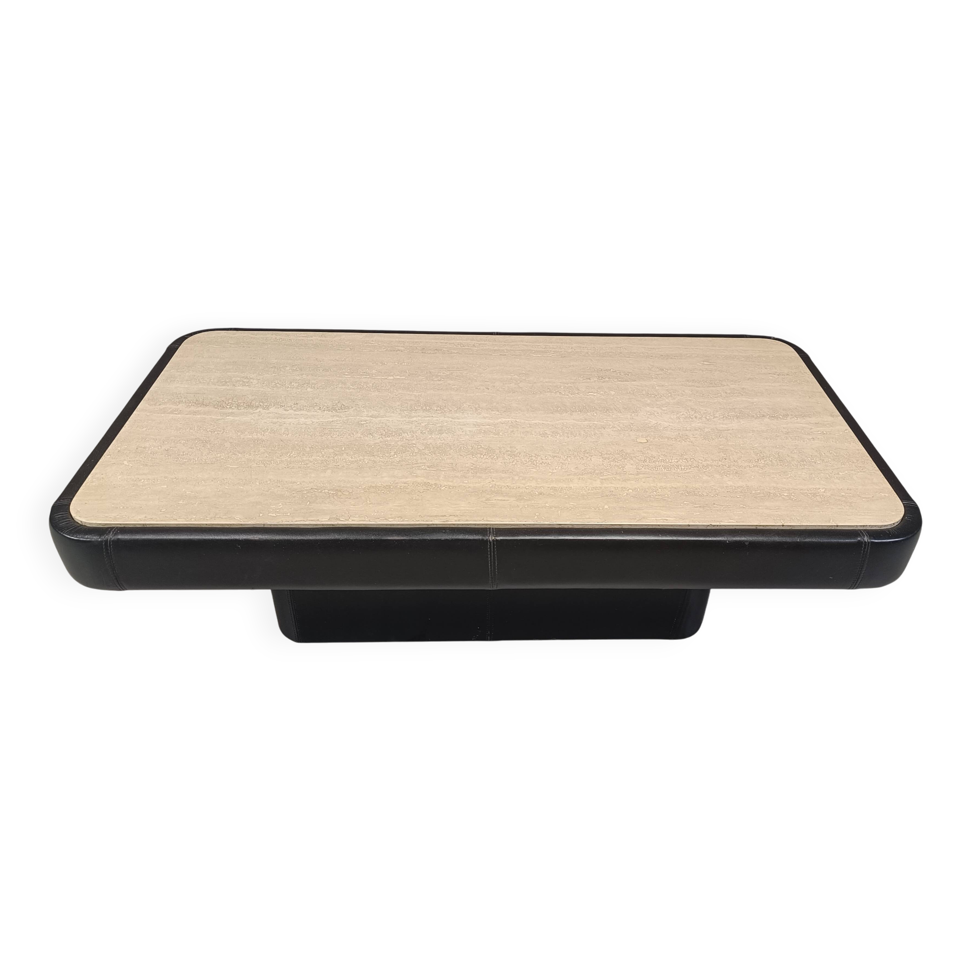 Table basse en cuir et travertin par Desede, années 1970
