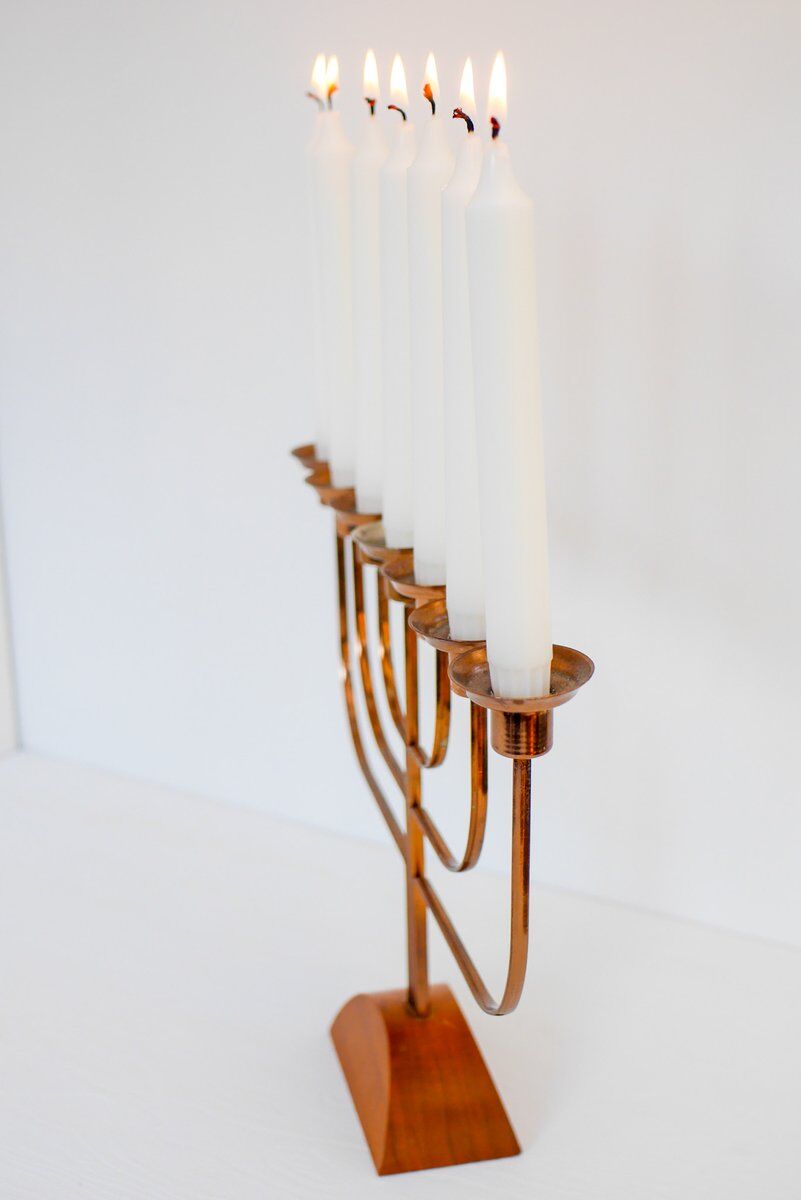 Large vintage brass and elm candelabra, 1940s