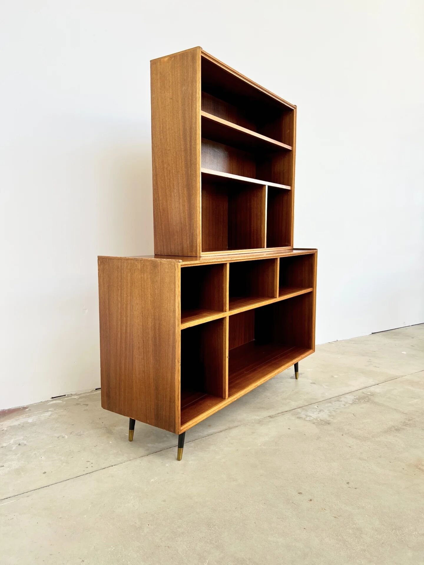 Asymmetrical mahogany bookshelf — 2 offset elements, custom-made, 1960s