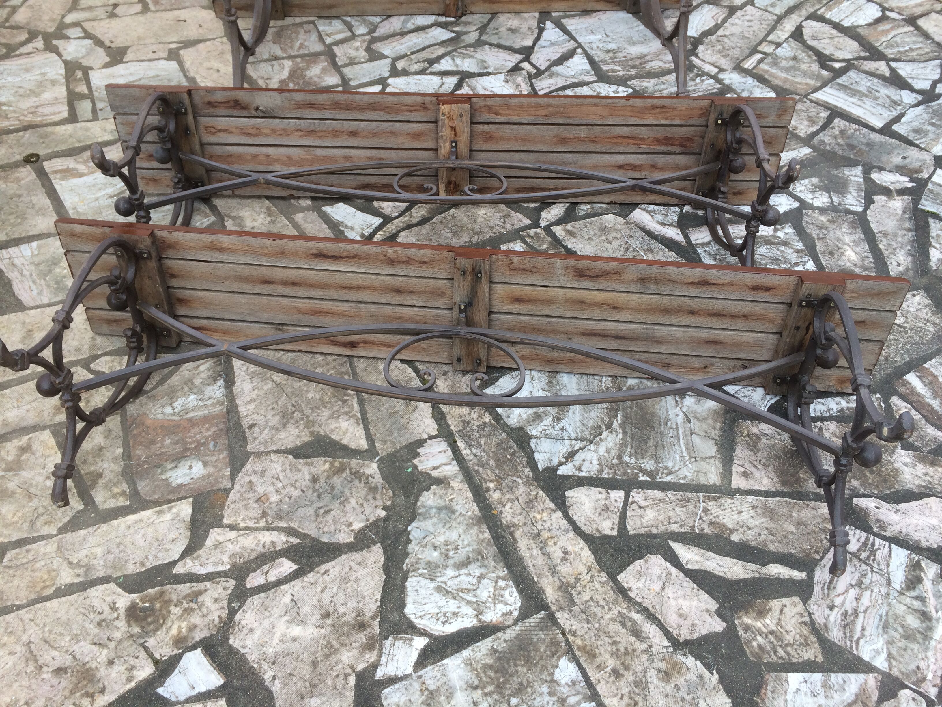 Garden lounge table and 2 cast iron and oak benches