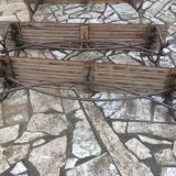 Garden lounge table and 2 cast iron and oak benches