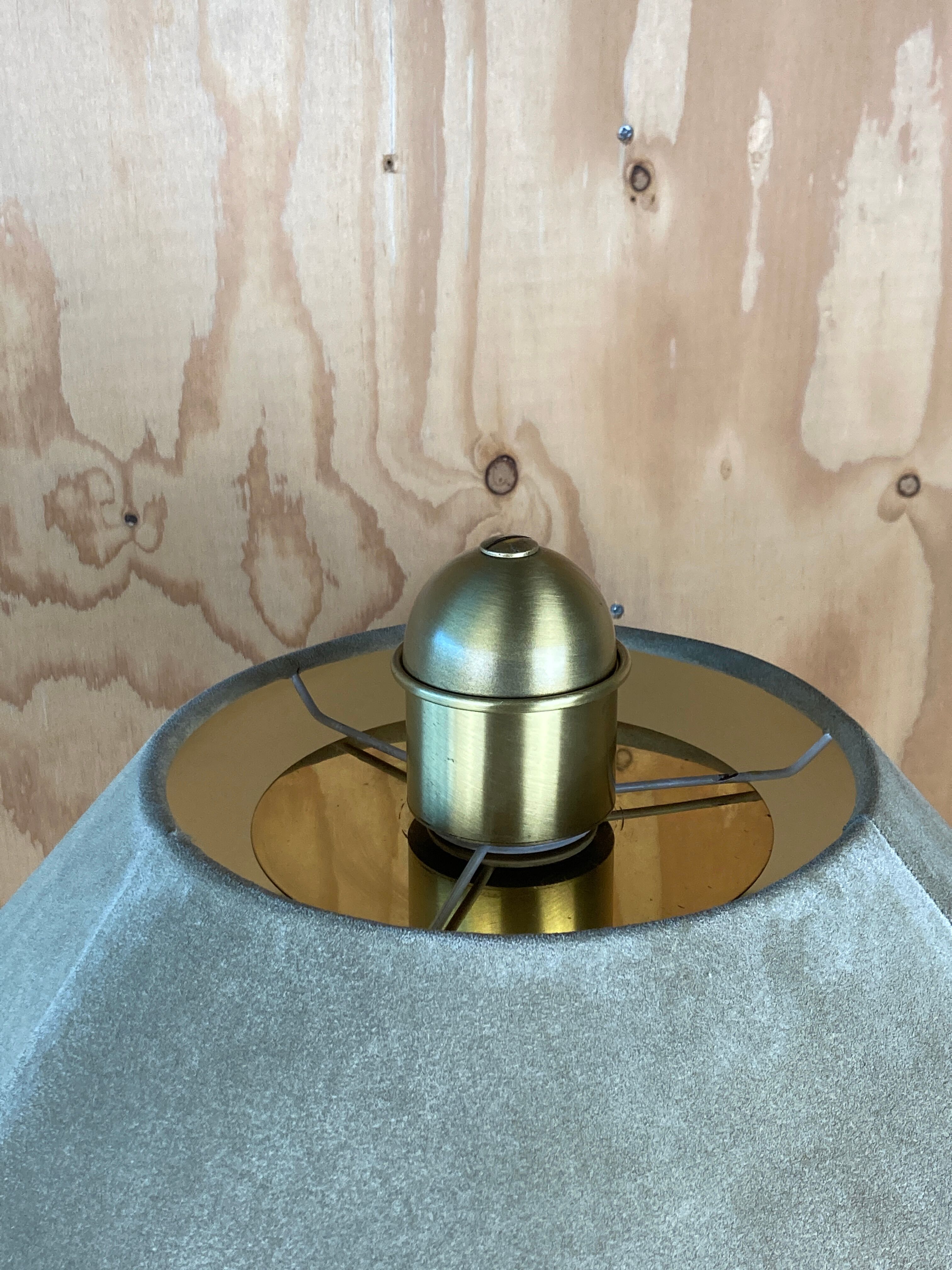 Sea grass green leather suede and brass large table lamp, 1970s