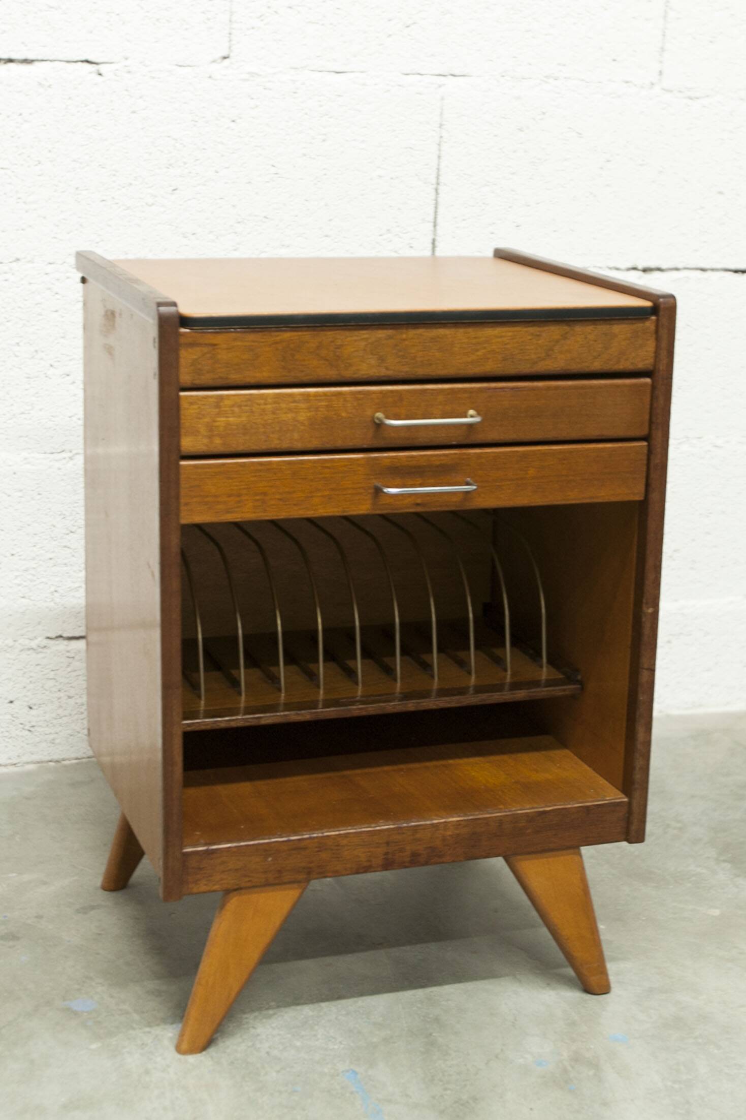 Unique 1960s bedside table with 15 complete games, compass legs, 1960s
