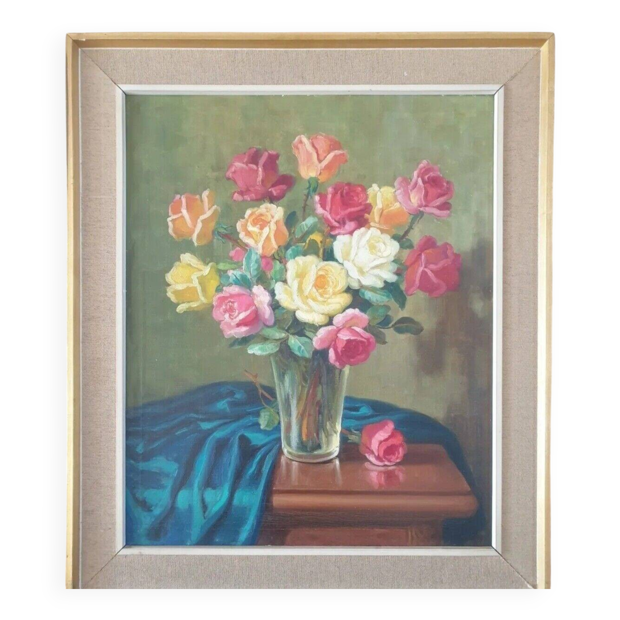 Bright Still Life With Pink Flowers, Oil Painting, 20th Century