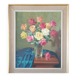 Bright Still Life With Pink Flowers, Oil Painting, 20th Century