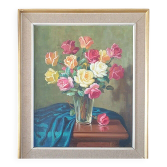 Bright Still Life With Pink Flowers, Oil Painting, 20th Century