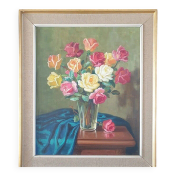Nature morte aux fleurs roses, peinture à l'huile, XXe siècle