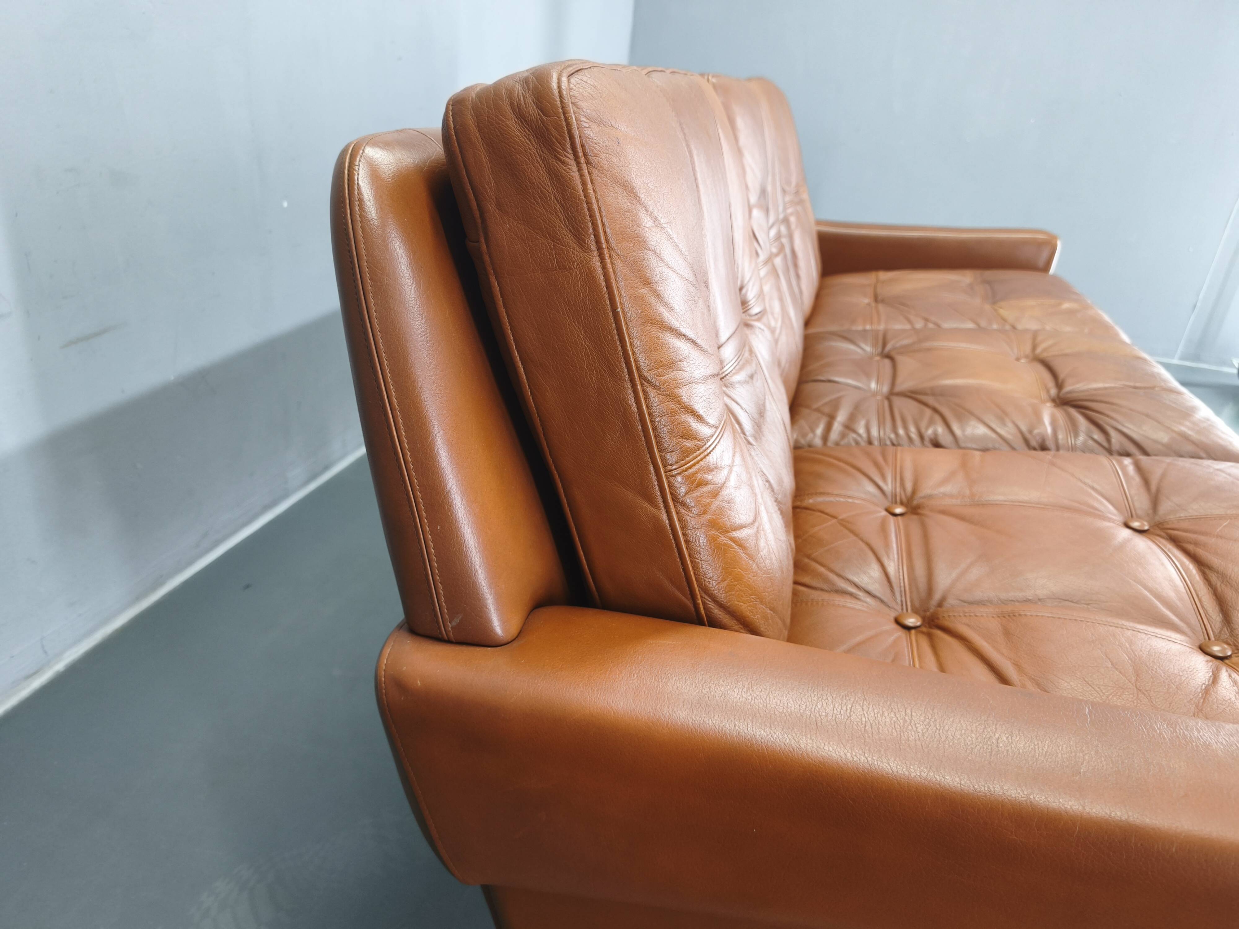 Svend Skipper Danish Leather Sofa Cognac Chrome, 1960s