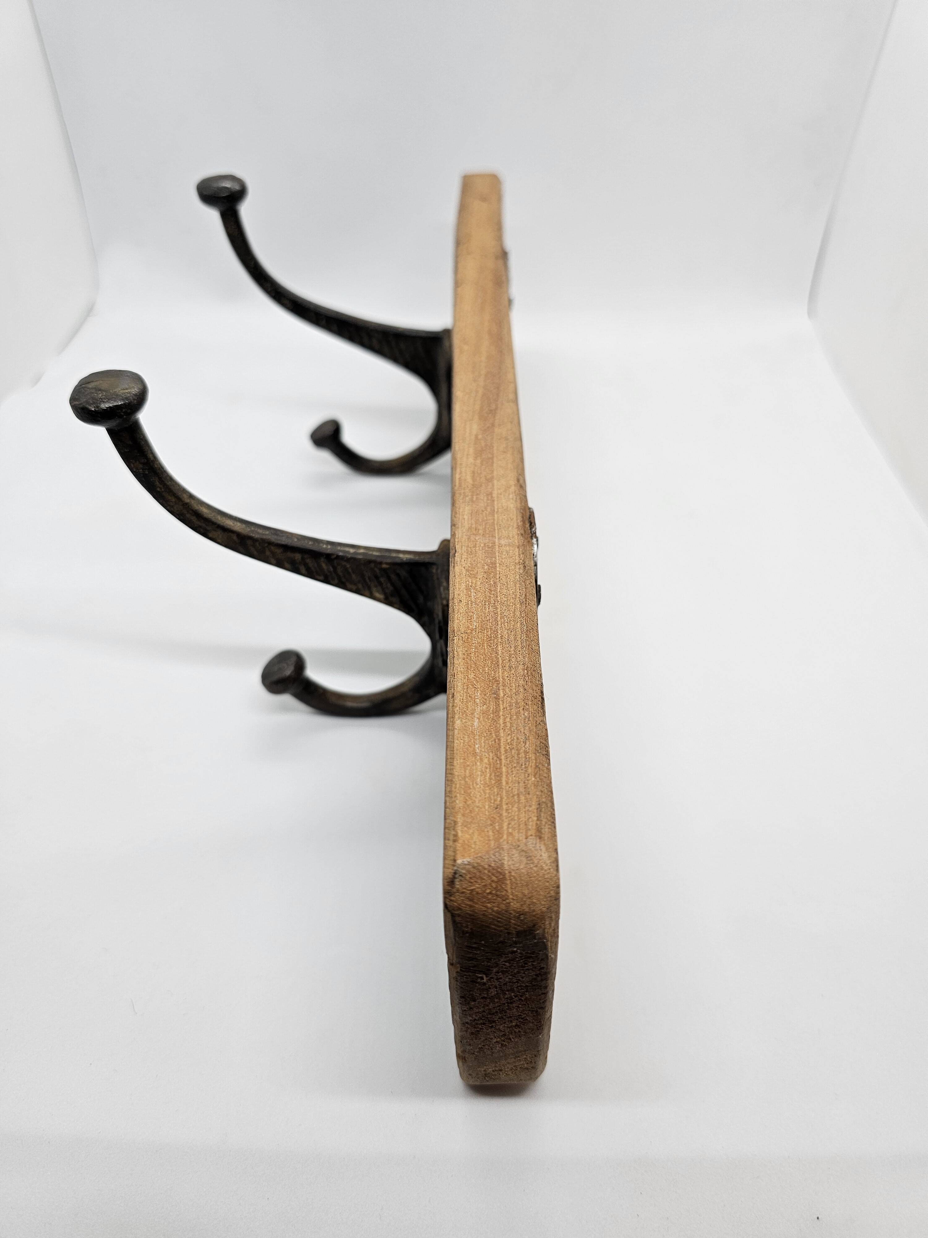 Solid teak coat hook with 2 double cast iron hooks