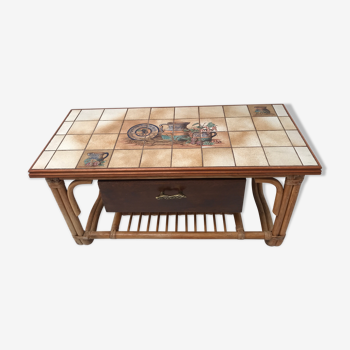 Vintage bamboo coffee table and tiles years 60-70