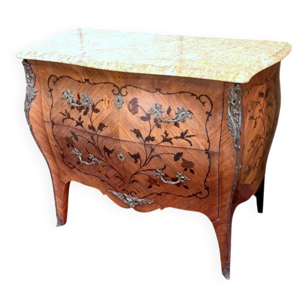 Commode sauteuse de Dame galbée style Louis XV en marquèterie
