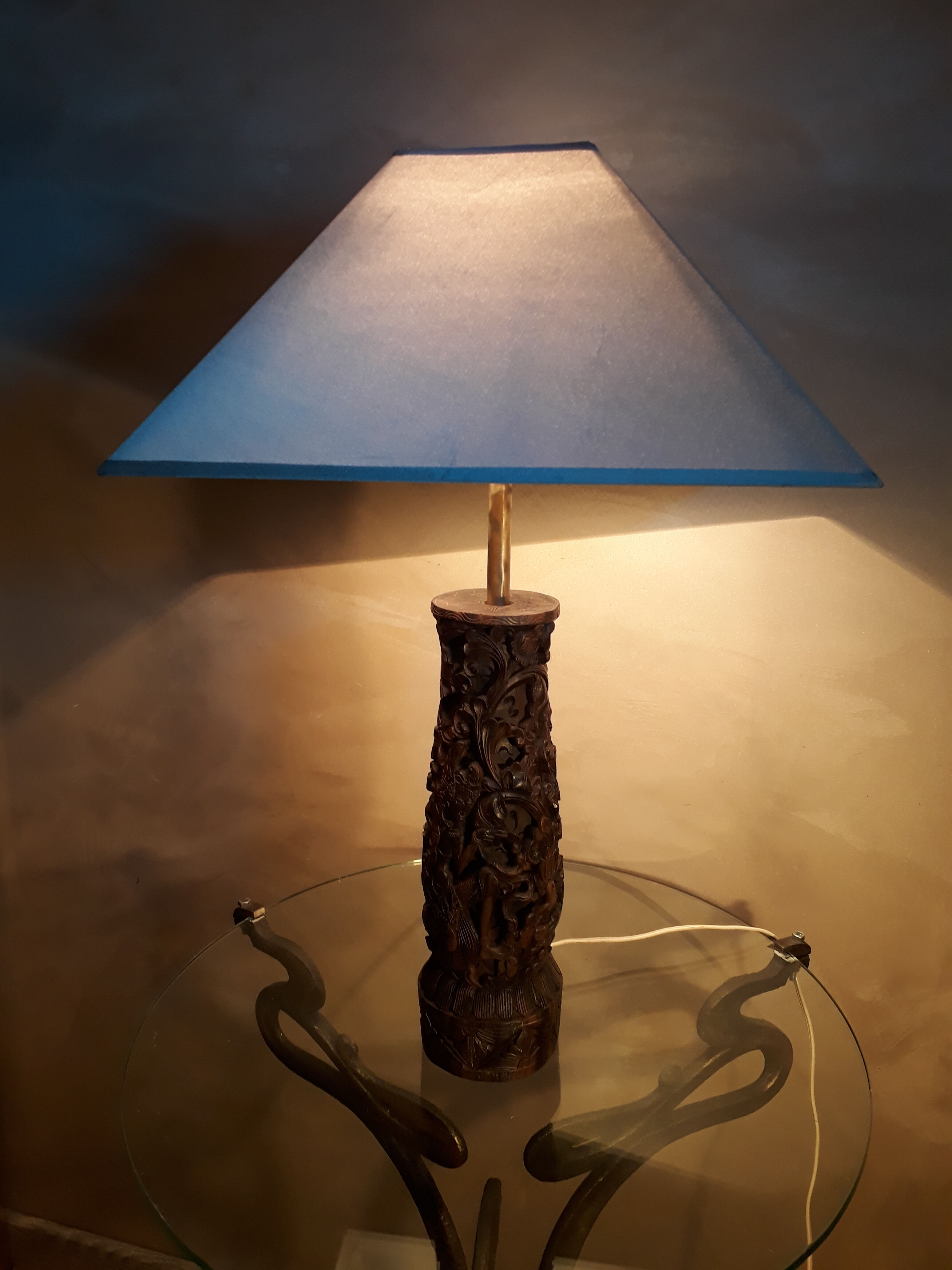 Large exotic wooden lamp finely carved Thai dancer