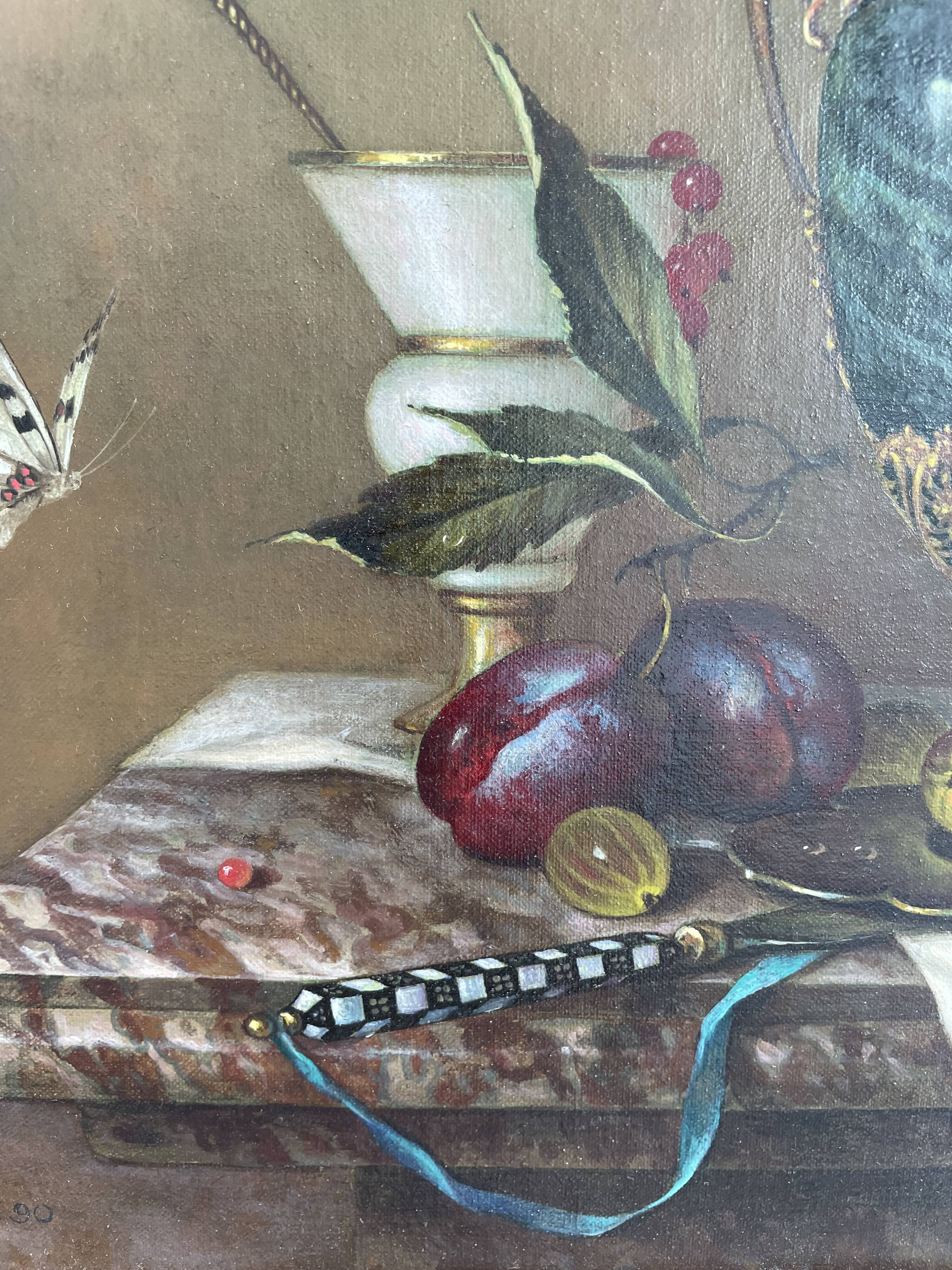 Oil painting, sergei smetanin, still life with marble vase, signed, gilded wood frame, russia