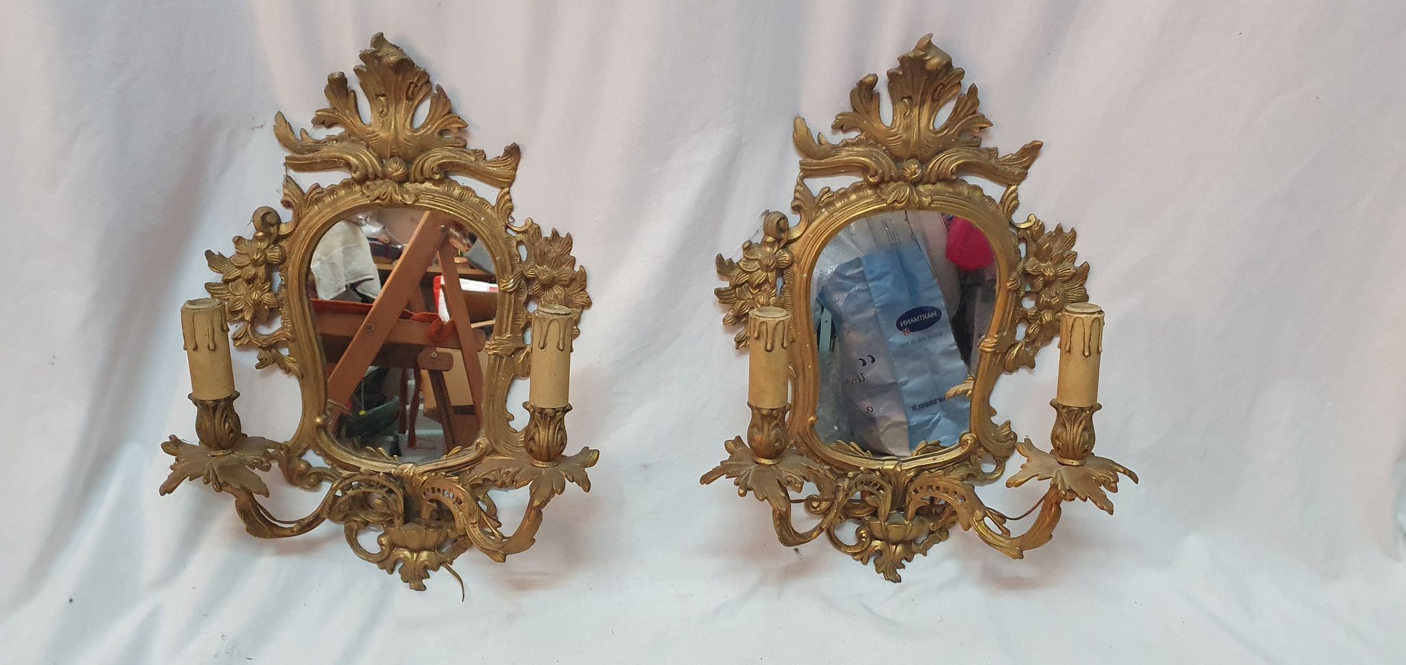 Pair of mirrors, Louis XVl wall lamps in bronze