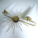 Pair of vintage sconces, sun, glass and brass, 60s