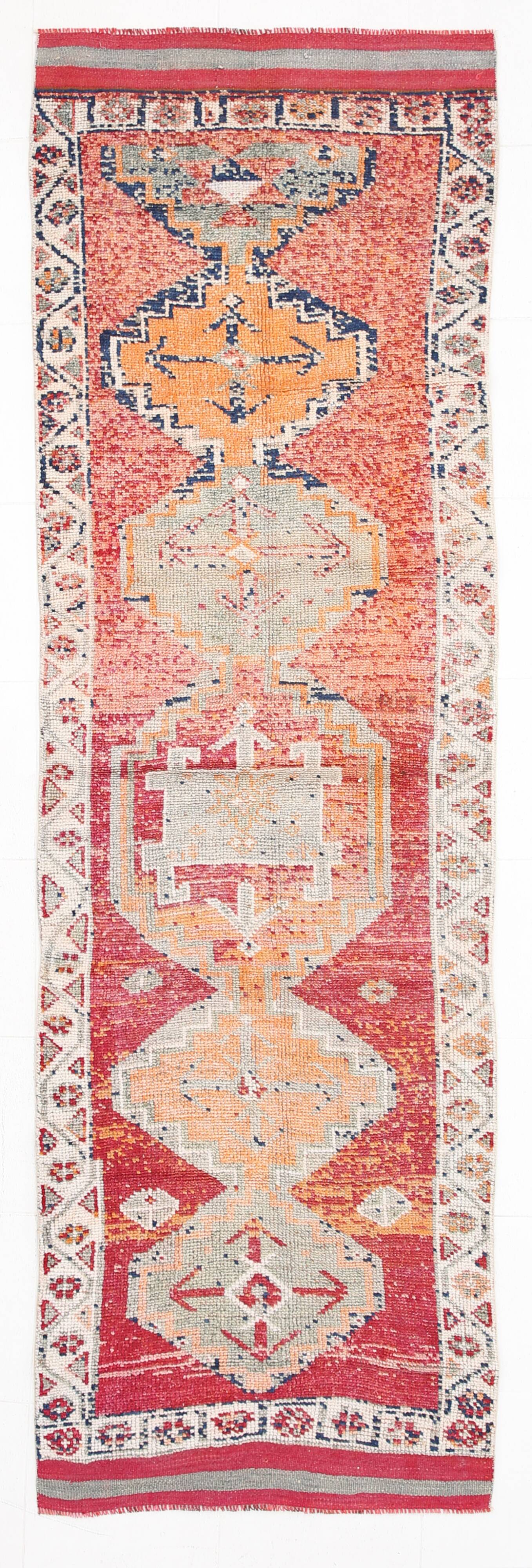 Tapis de couloir vintage à motifs géométriques rouge et orange, 102 x 332 cm