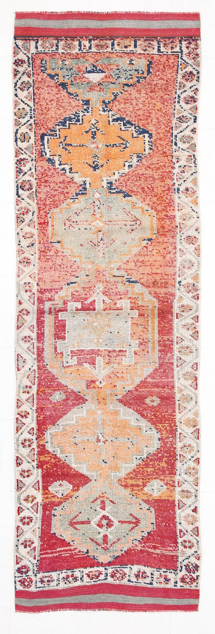 Red & Orange Geometric Pattern Vintage Runner Rug, 102x332Cm