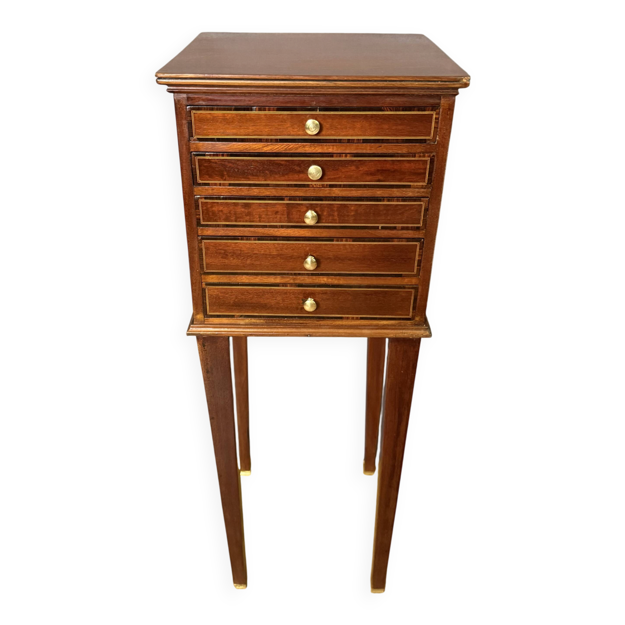 Louis XVI bedside table in mahogany with five drawers.