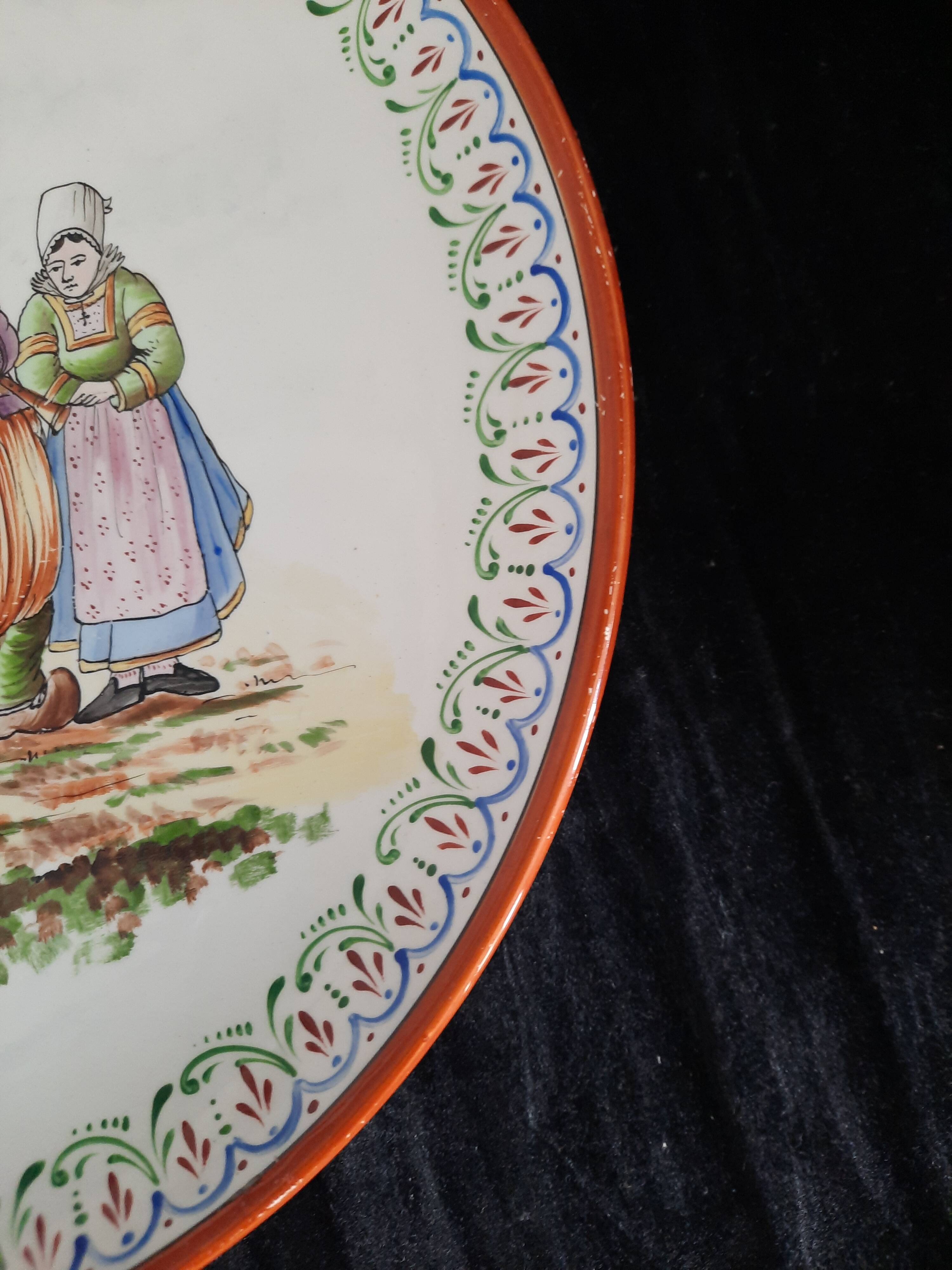 Large Round Antique Plate 33 cm Ceramic Pierrefonds - Regional Dance Decoration