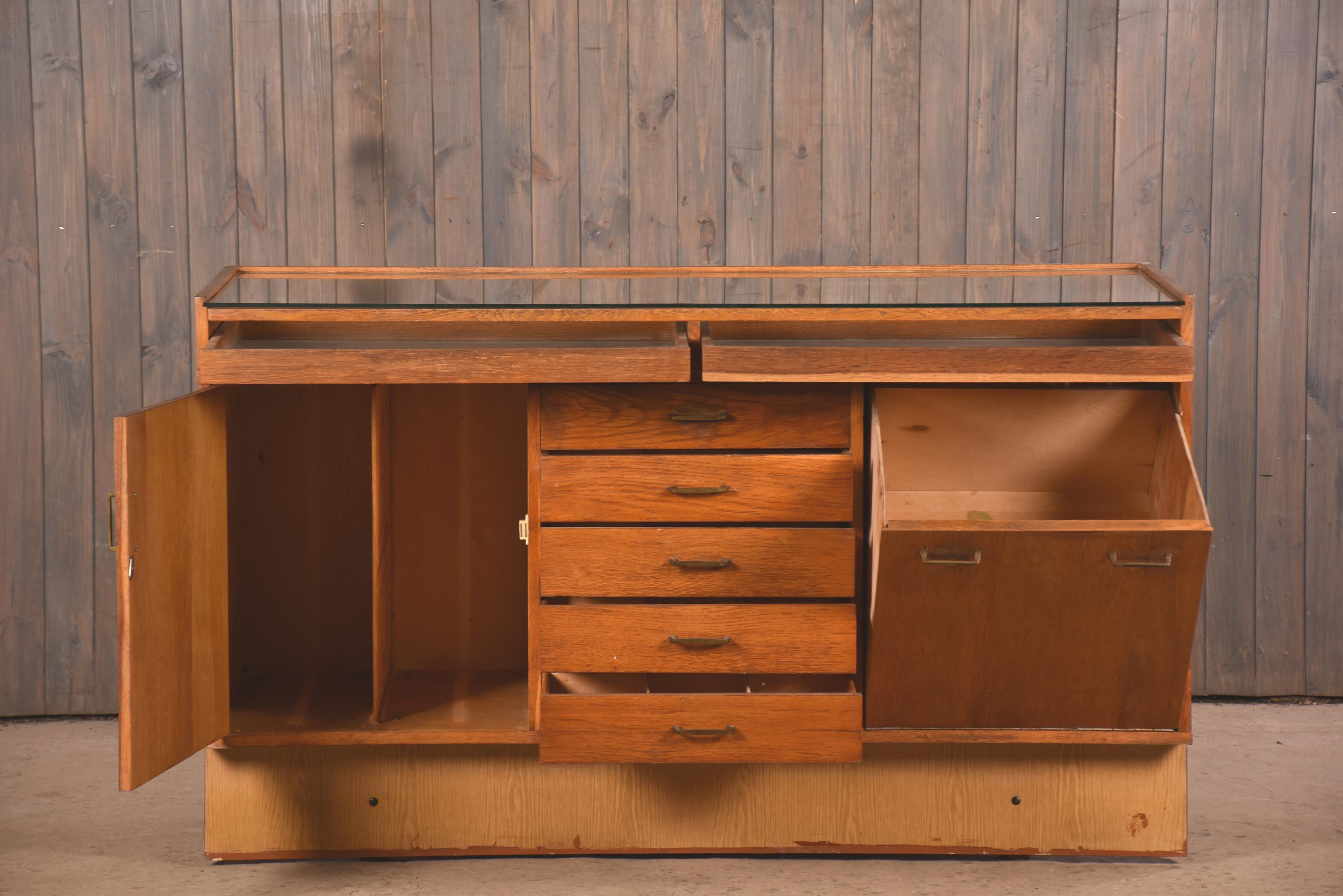 Vintage pharmacy counter showcase