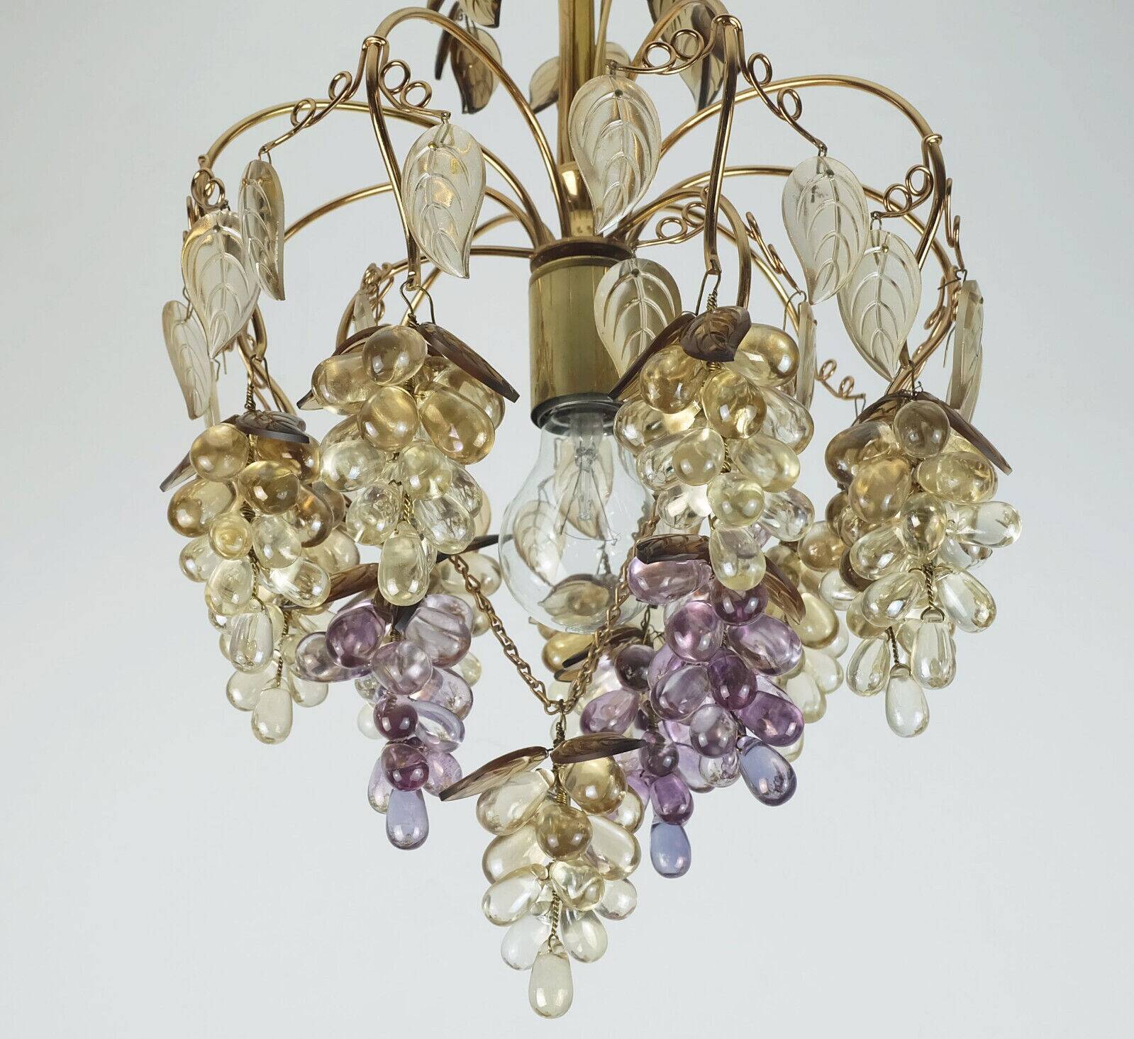 Very rare palwa mid century chandelier 1970s crystal glass and gilt brass grapes and leaves
