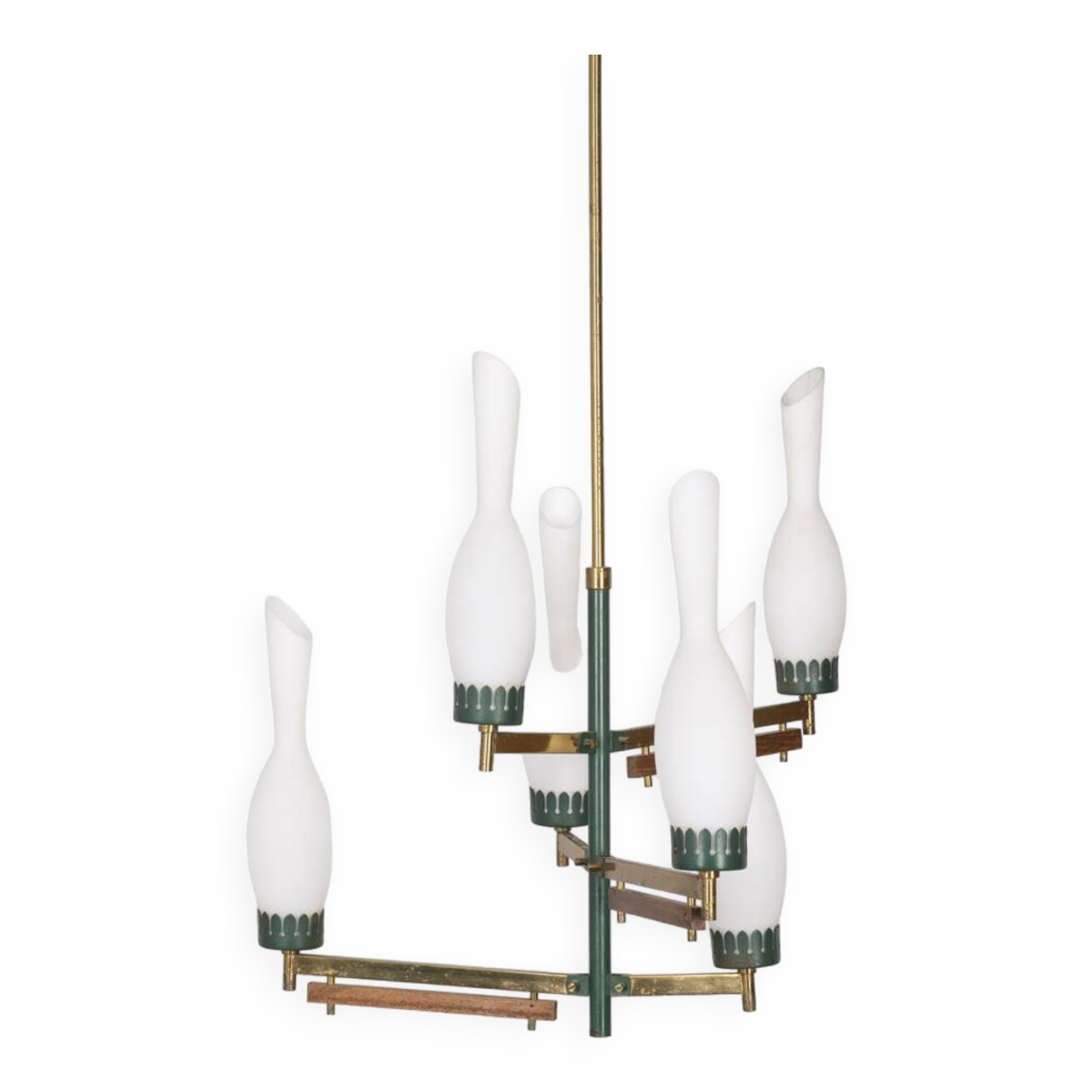 Vintage 50's chandelier in brass, green metal and glass italian design