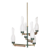 Vintage 50's chandelier in brass, green metal and glass italian design