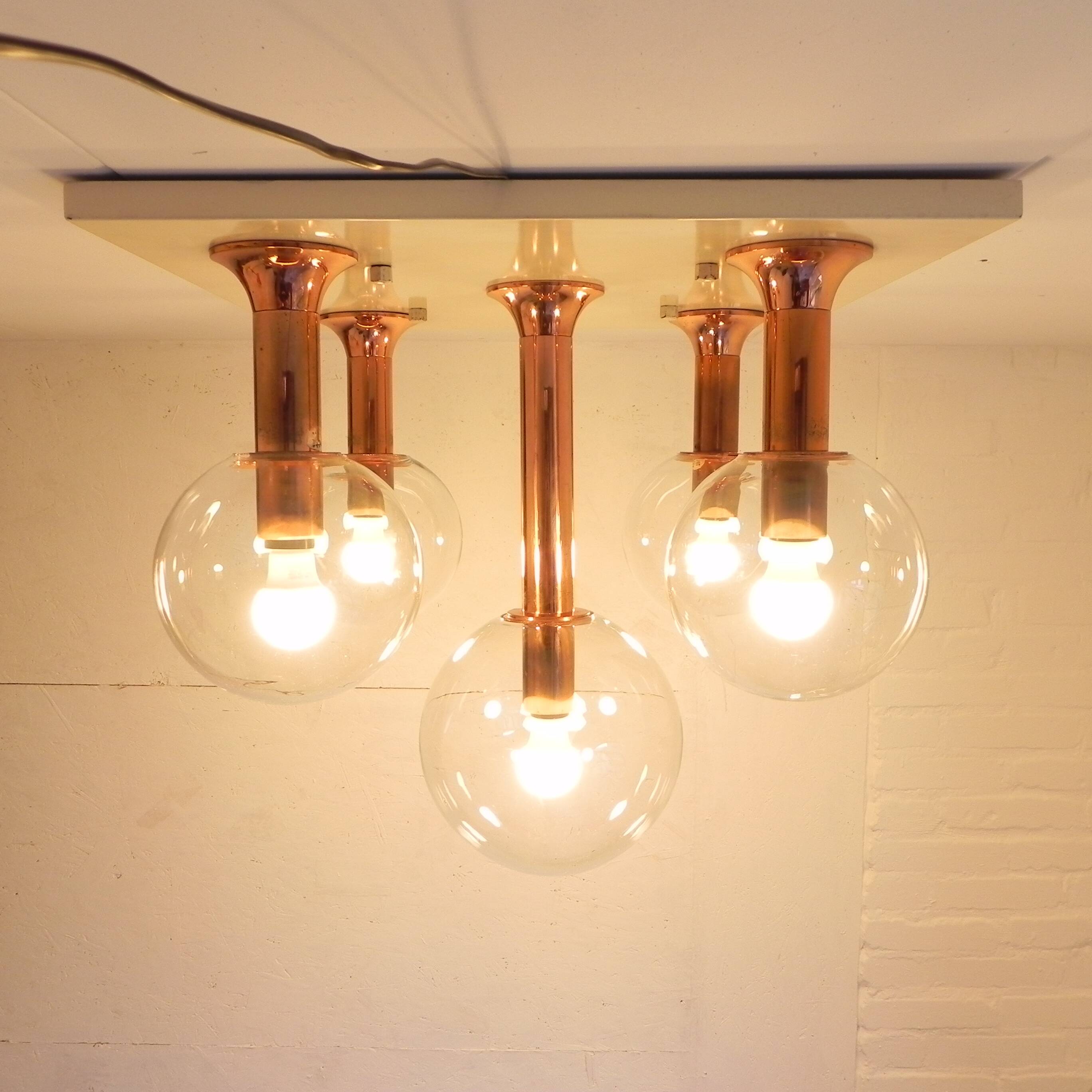 Rare ceiling lamp with 5 glass balls, Ott international, 1970s