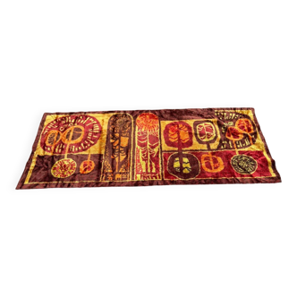 Vintage Hungarian wall tapestry 1970s red velvet with mid-century geometric patterns.