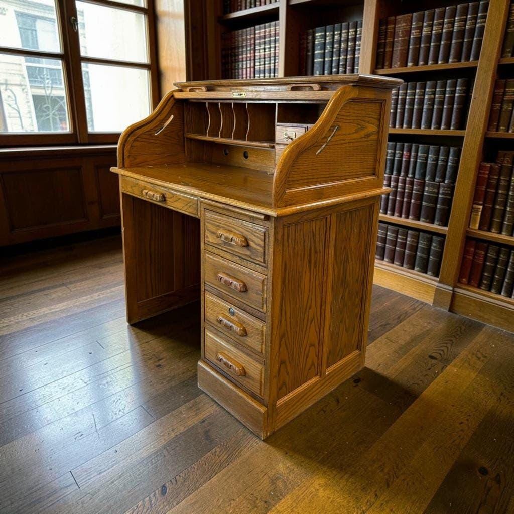 Vintage American wooden desk with a roll-top.