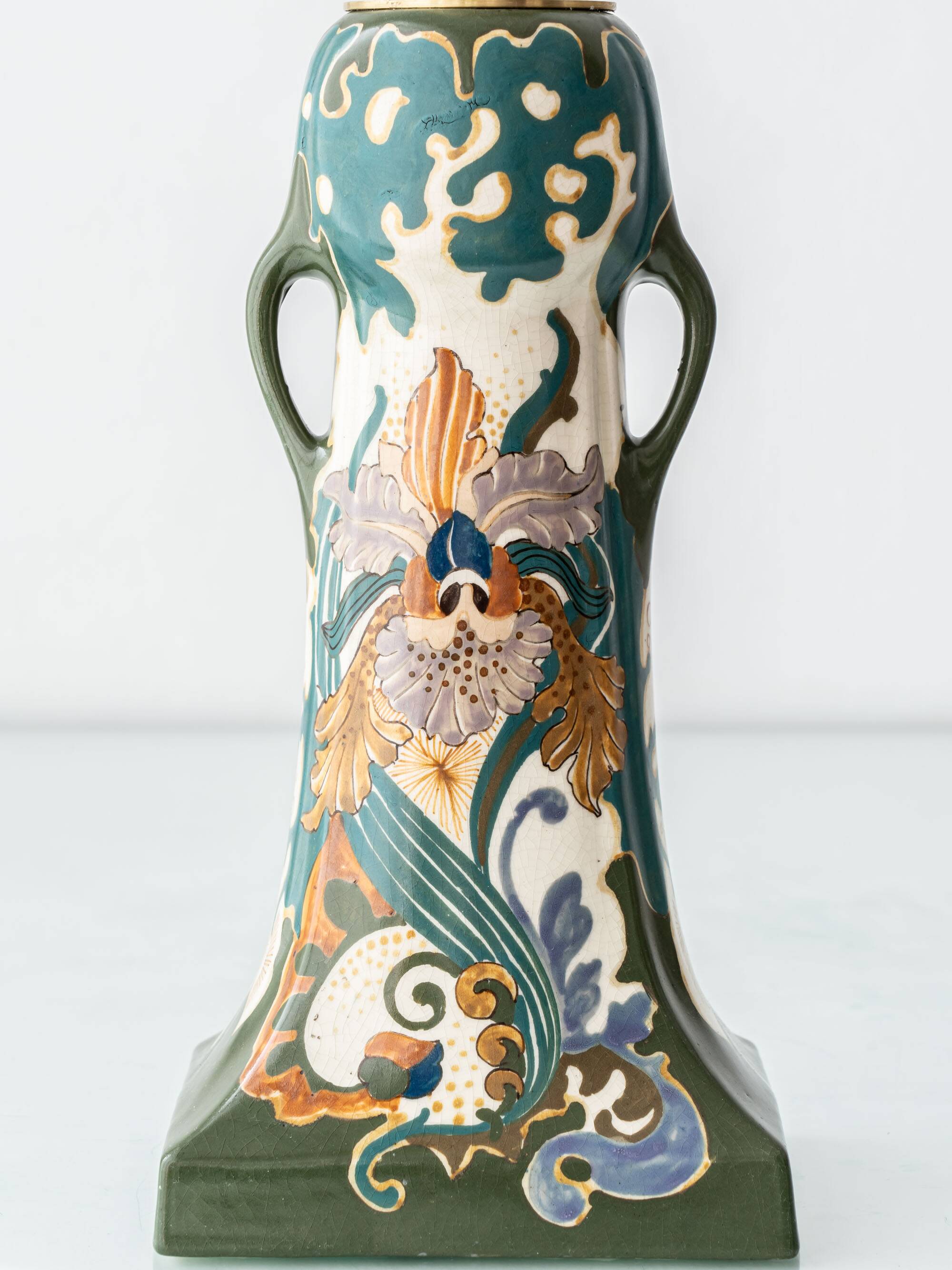 Pair of Dutch Art Nouveau Ceramic Table Lamps, circa 1915, with New Ochre Linen Shades