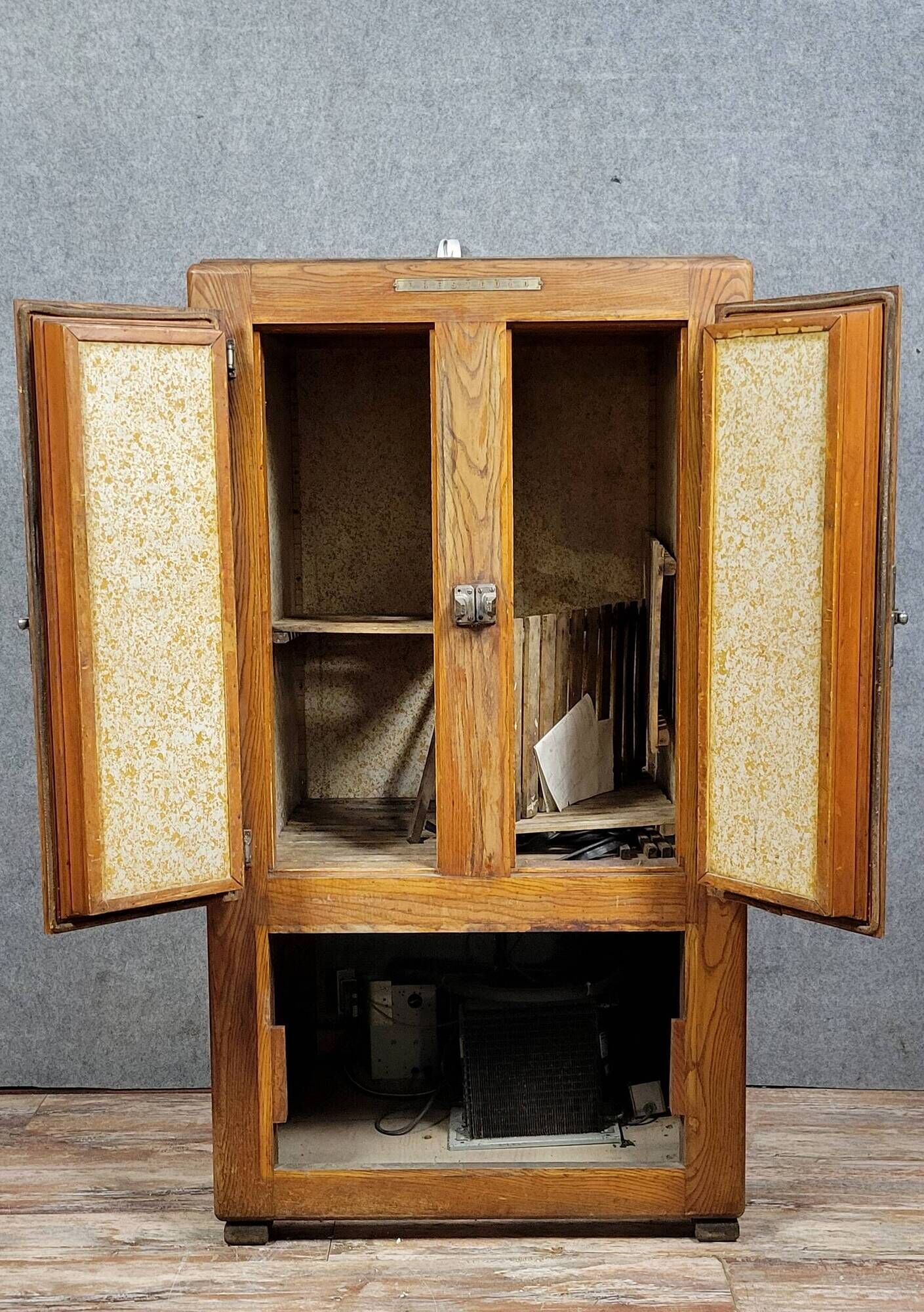 Large Prestcold brand bar fridge or store cooler in oak