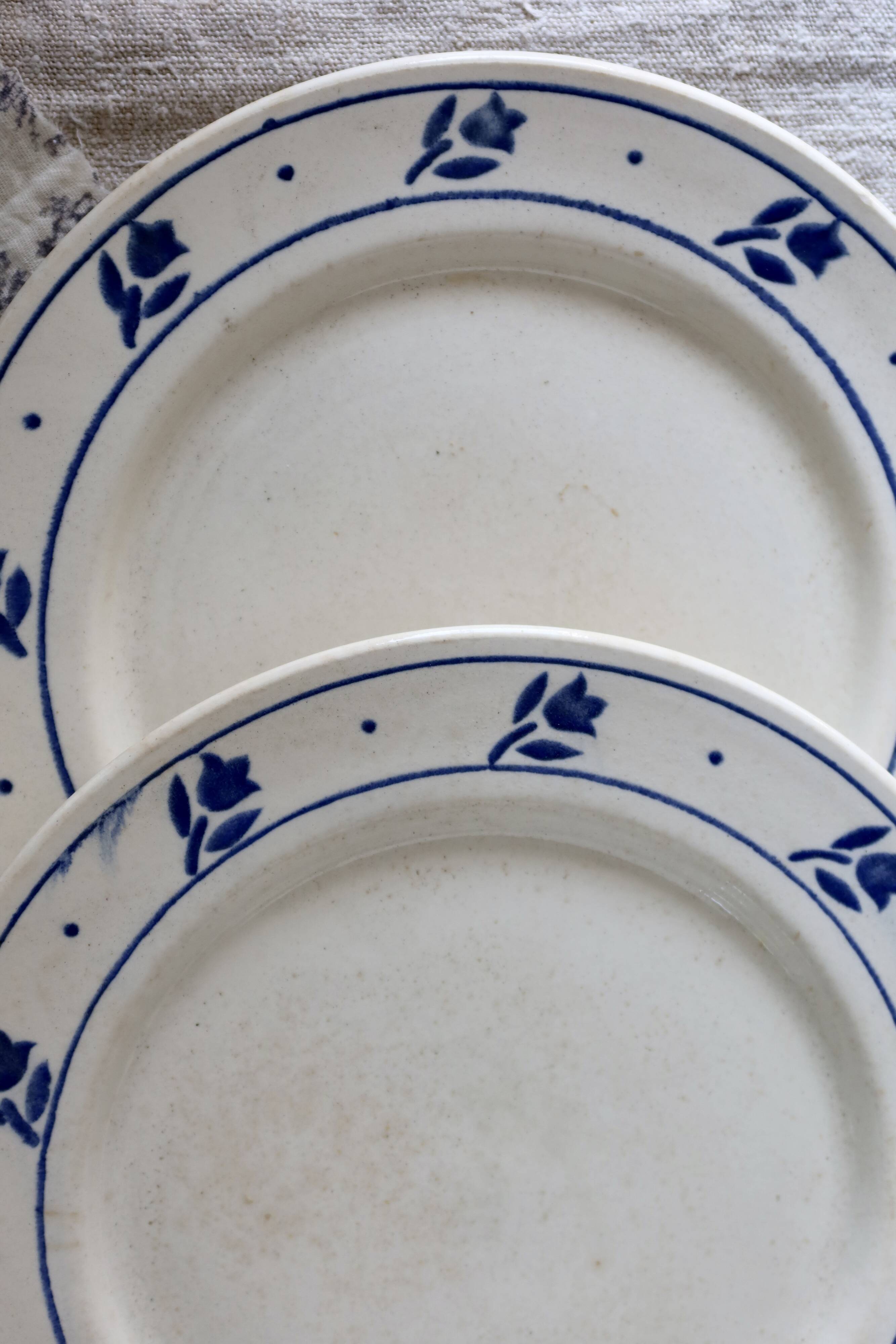 6 antique earthenware dinner plates - Blue tulip decor