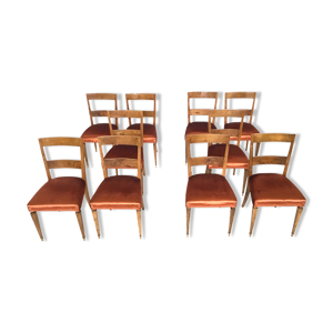 Ensemble de dix chaises de salle à manger en tissu de bronze du milieu du siècle et en noyer, Italie