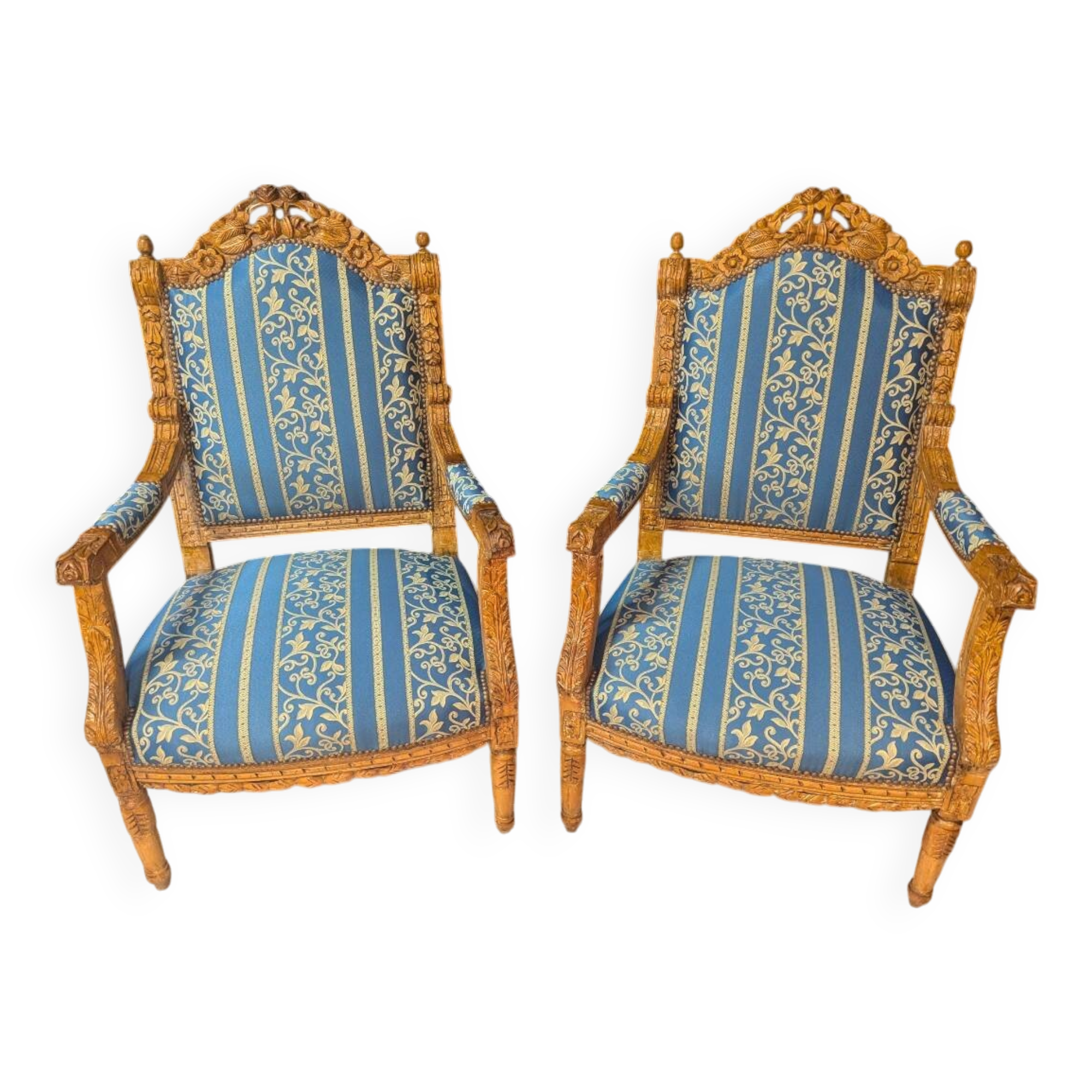 Pair of Louis XV Style Armchairs in Carved Wood and Blue Fabric