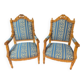Pair of Louis XV Style Armchairs in Carved Wood and Blue Fabric