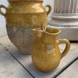 Large vintage artisanal glazed earthenware pitcher with pinched spout