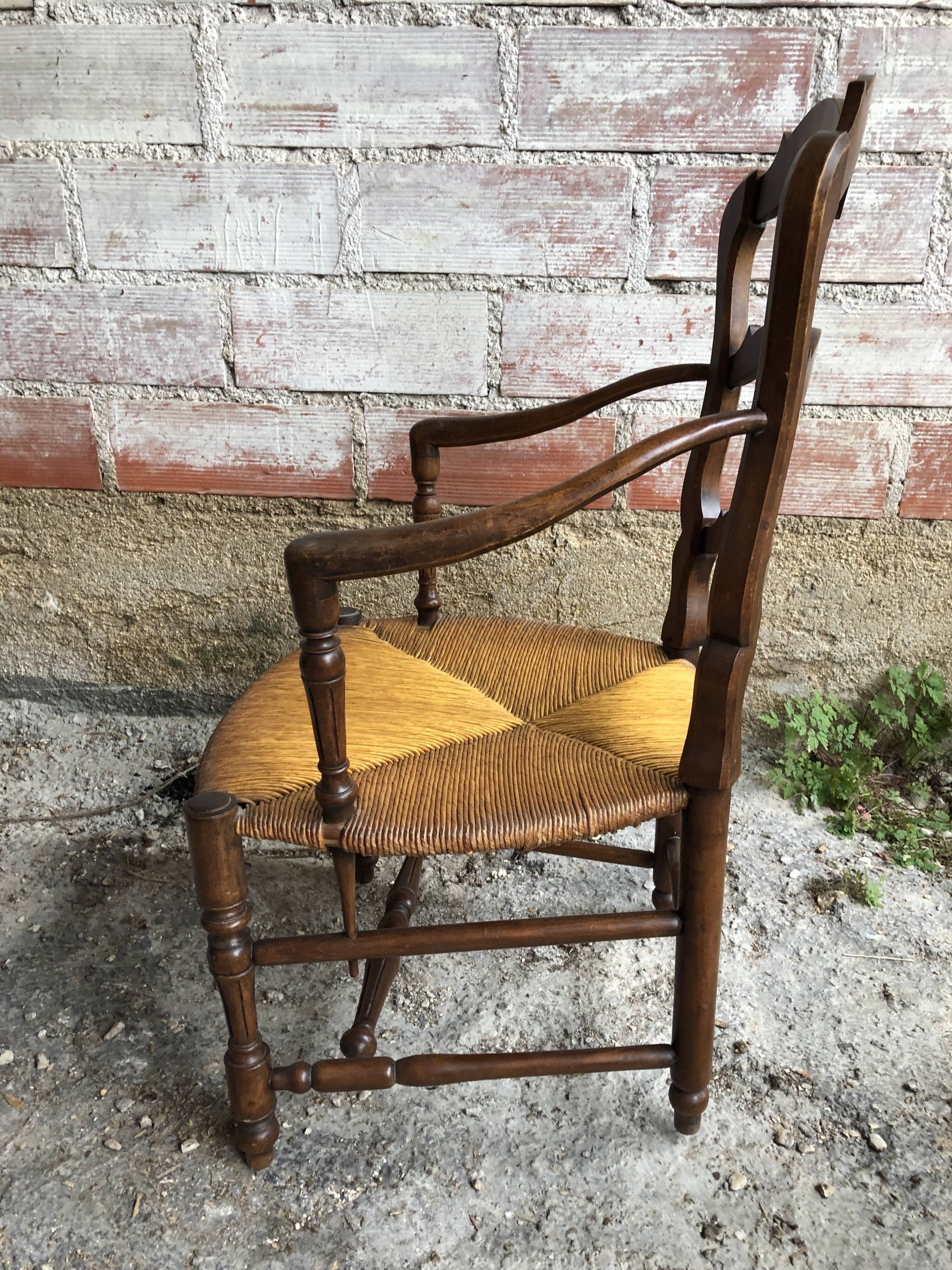 Pair Old Armchair Needle Wood Carved & Seat Paillé + Vintage Fabric Cover