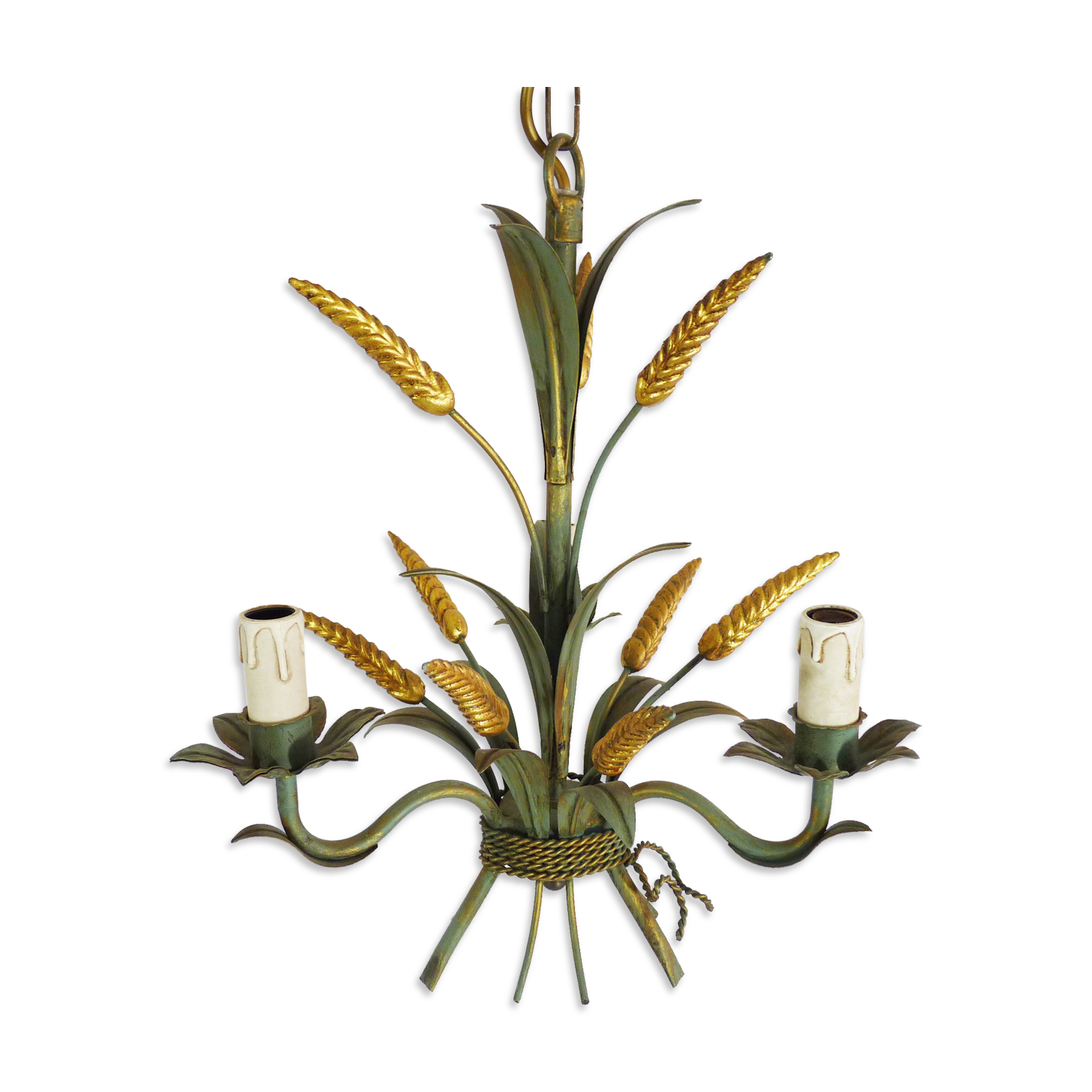 Masca's wheat ear chandelier in aged green and gold metal, 3 fires, year 70/80