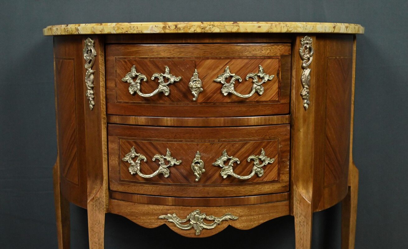 Small demi-lune jump commode in marquetry, transitional style between Louis XV and Louis XVI – early 20th century.